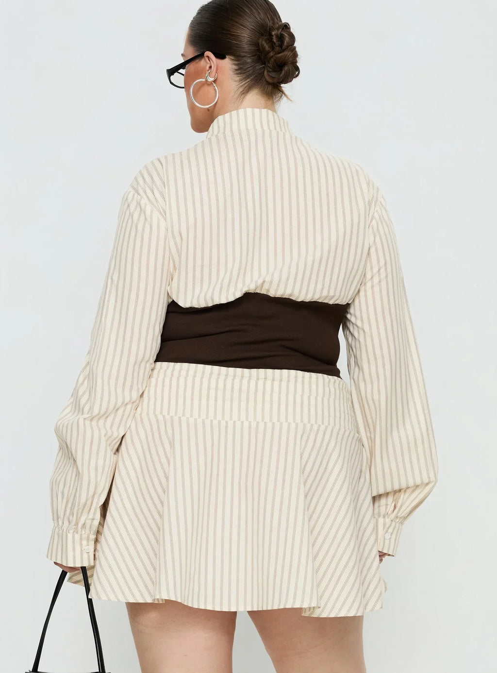 Belva Long Sleeve Corset Shirt Mini Dress Brown Stripe Curve