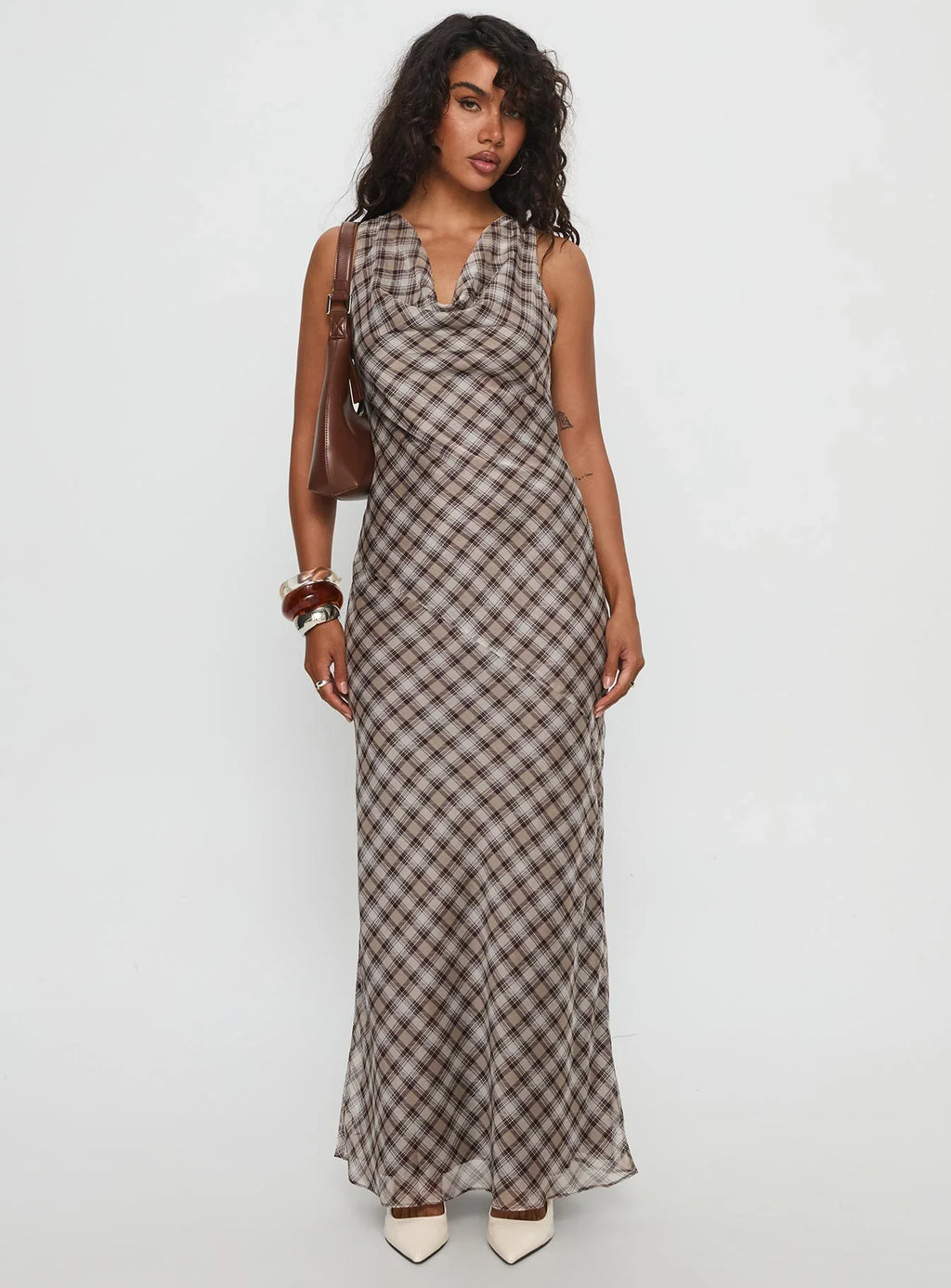 Veida Cowl Neck Maxi Dress Brown Check