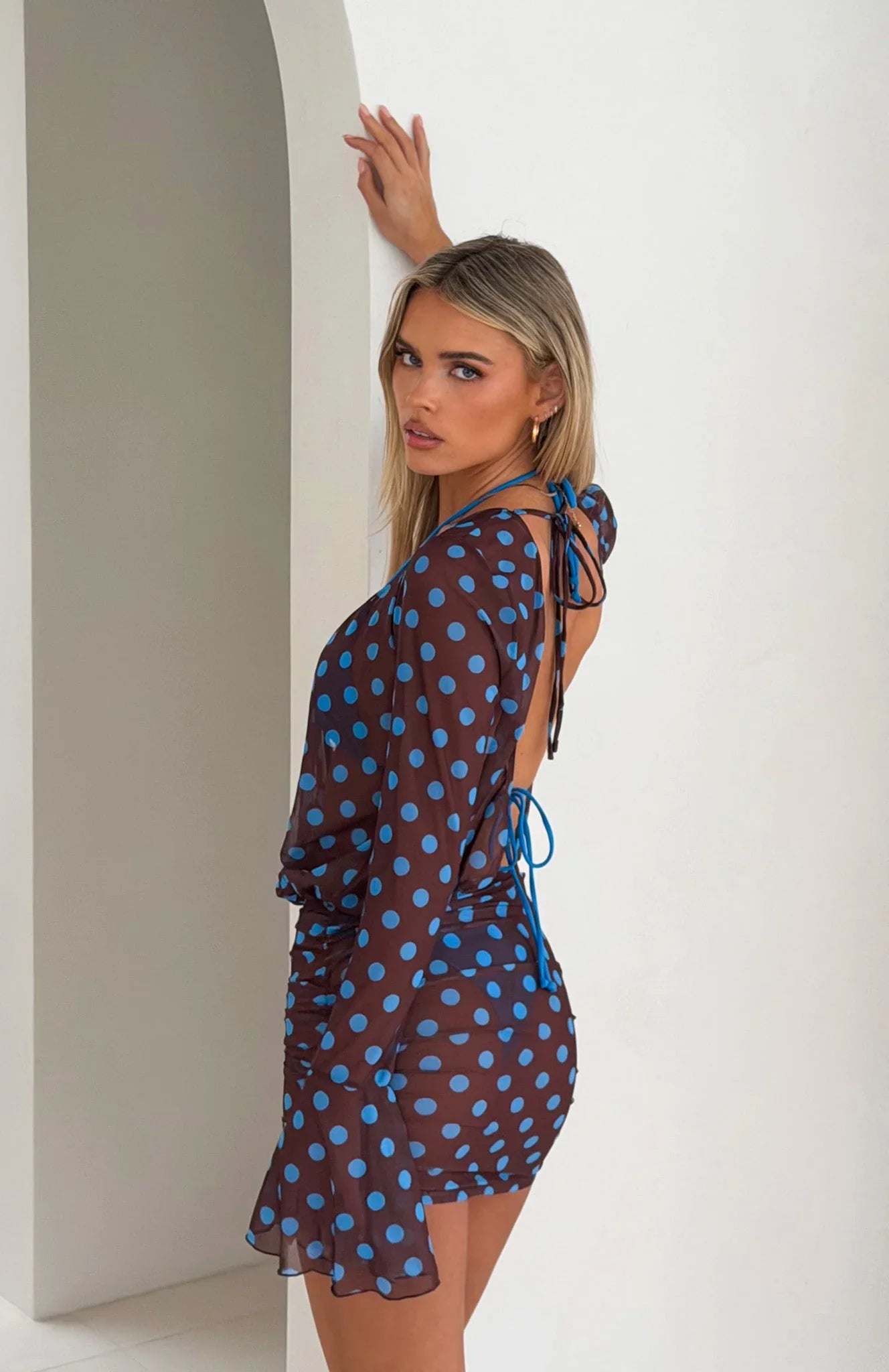 Half Moon Long Sleeve Mini Dress Choc & Blue Polka Dot