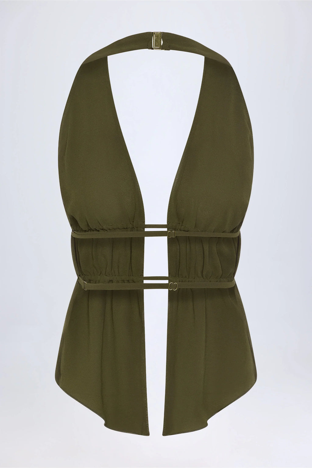 Cut-Out Semi-Sheer Ruched Halterneck Crop Top in Dark Khaki