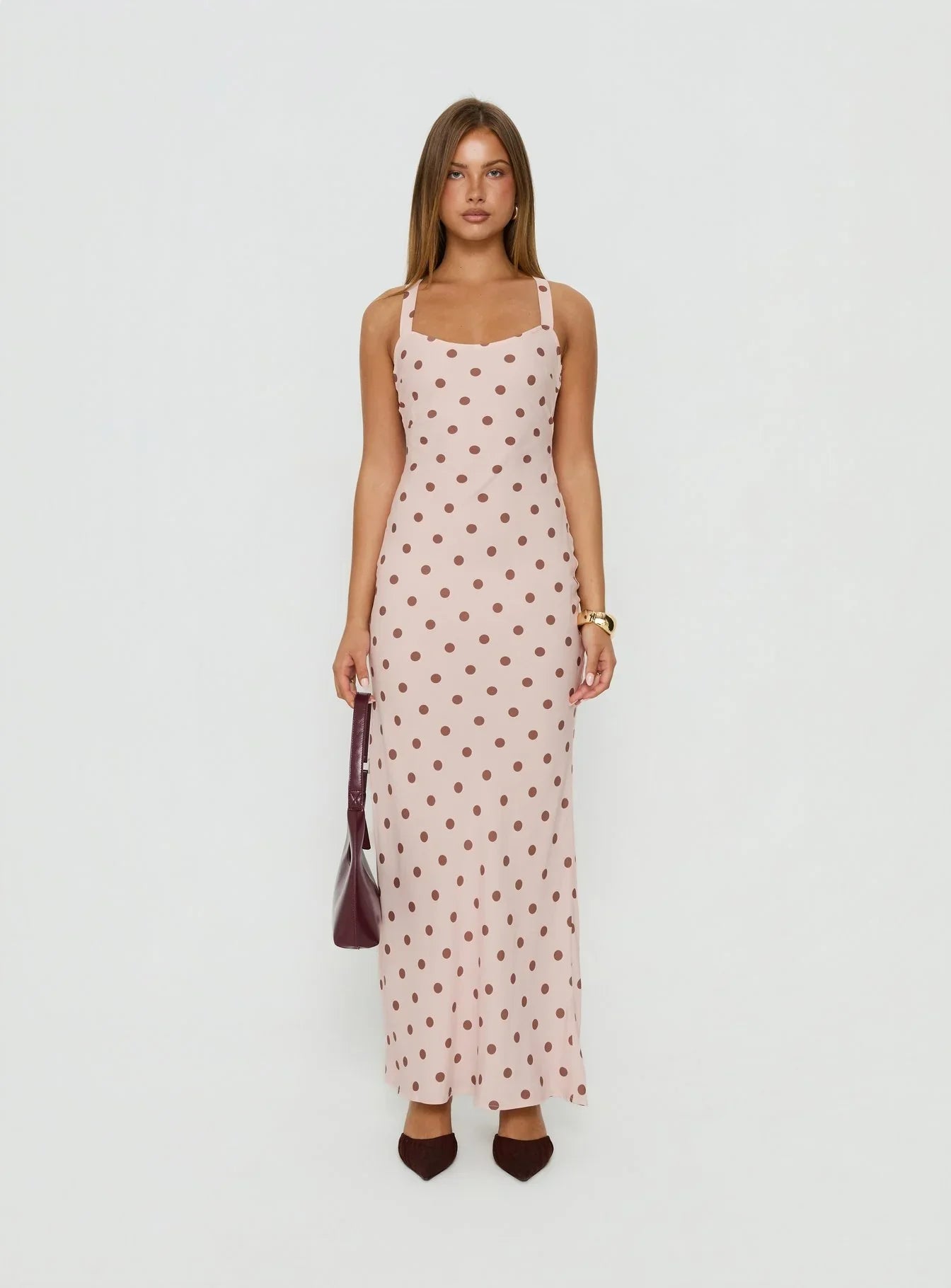 Picante Bias Cross Back Maxi Dress Pink Polka