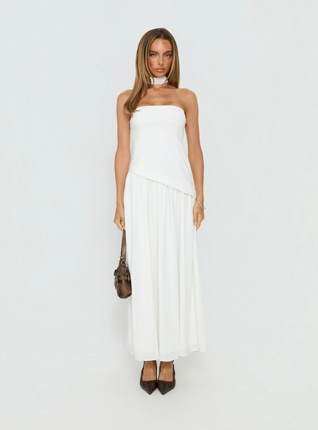 Odela Strapless Scarf Drop Waist Maxi Dress White
