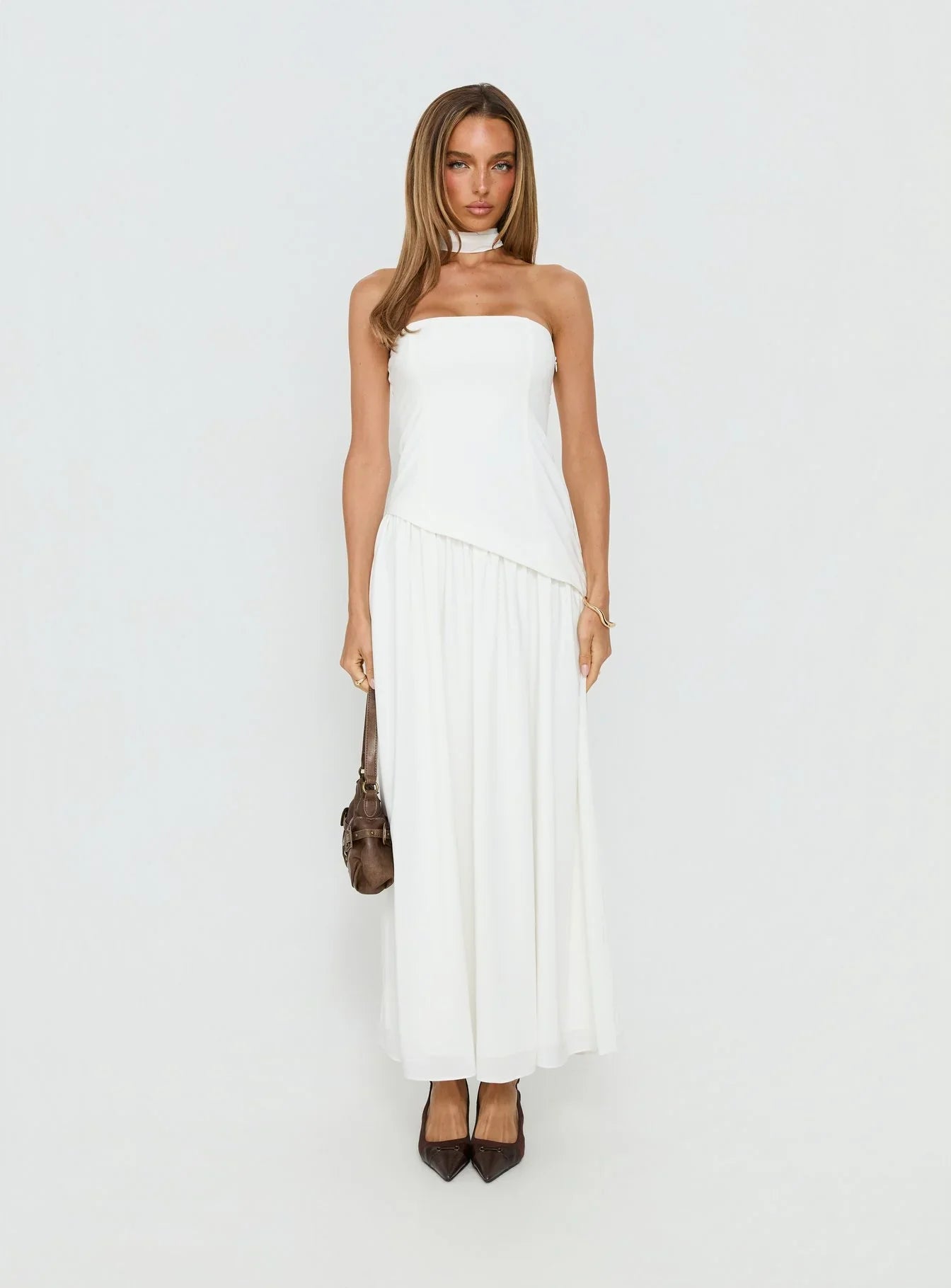 Odela Strapless Scarf Drop Waist Maxi Dress White