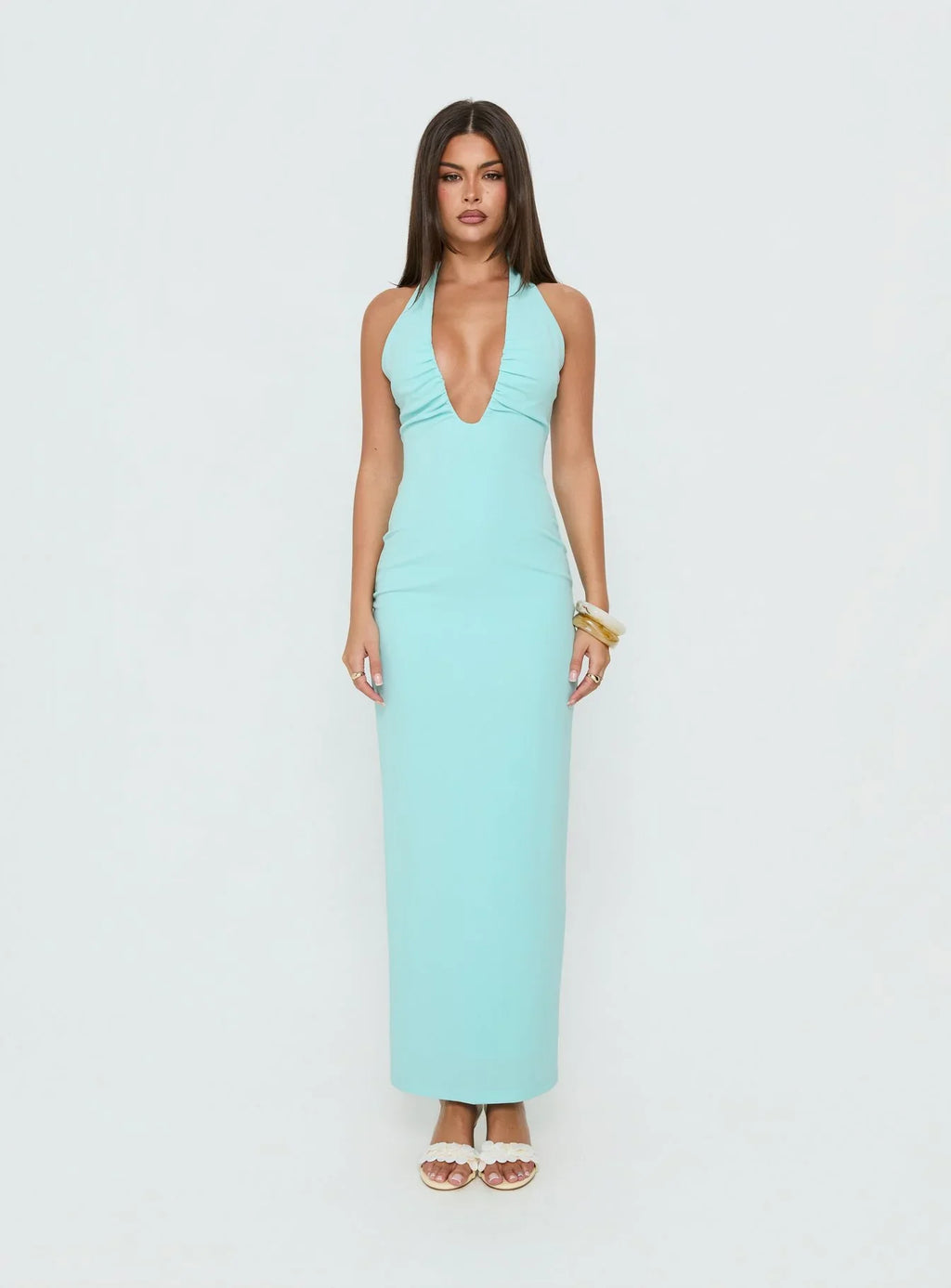 Soft Storm Plunge Halter Maxi Dress Turquoise