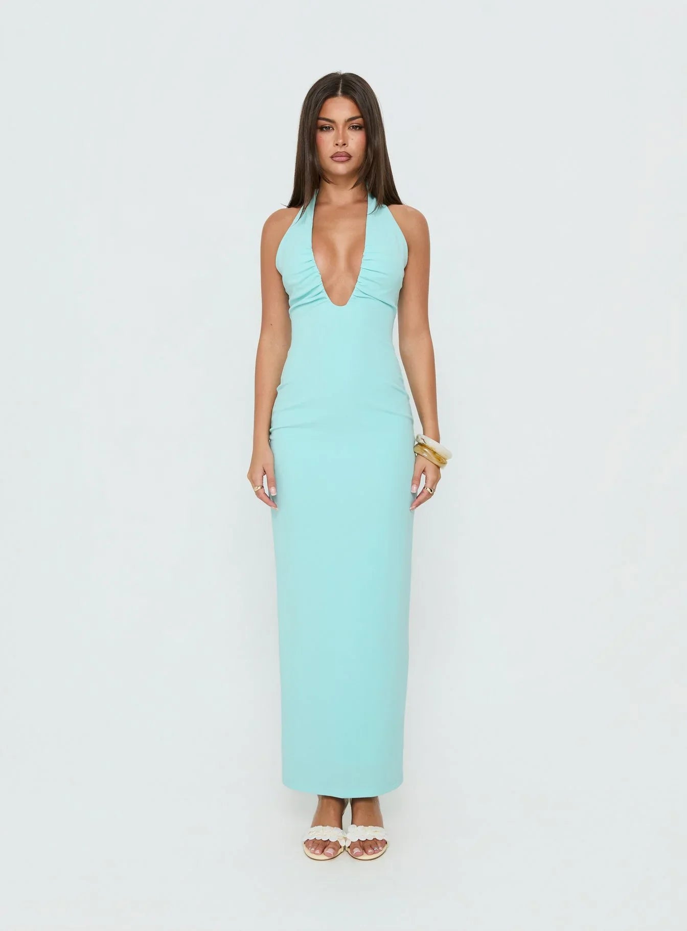 Soft Storm Plunge Halter Maxi Dress Turquoise