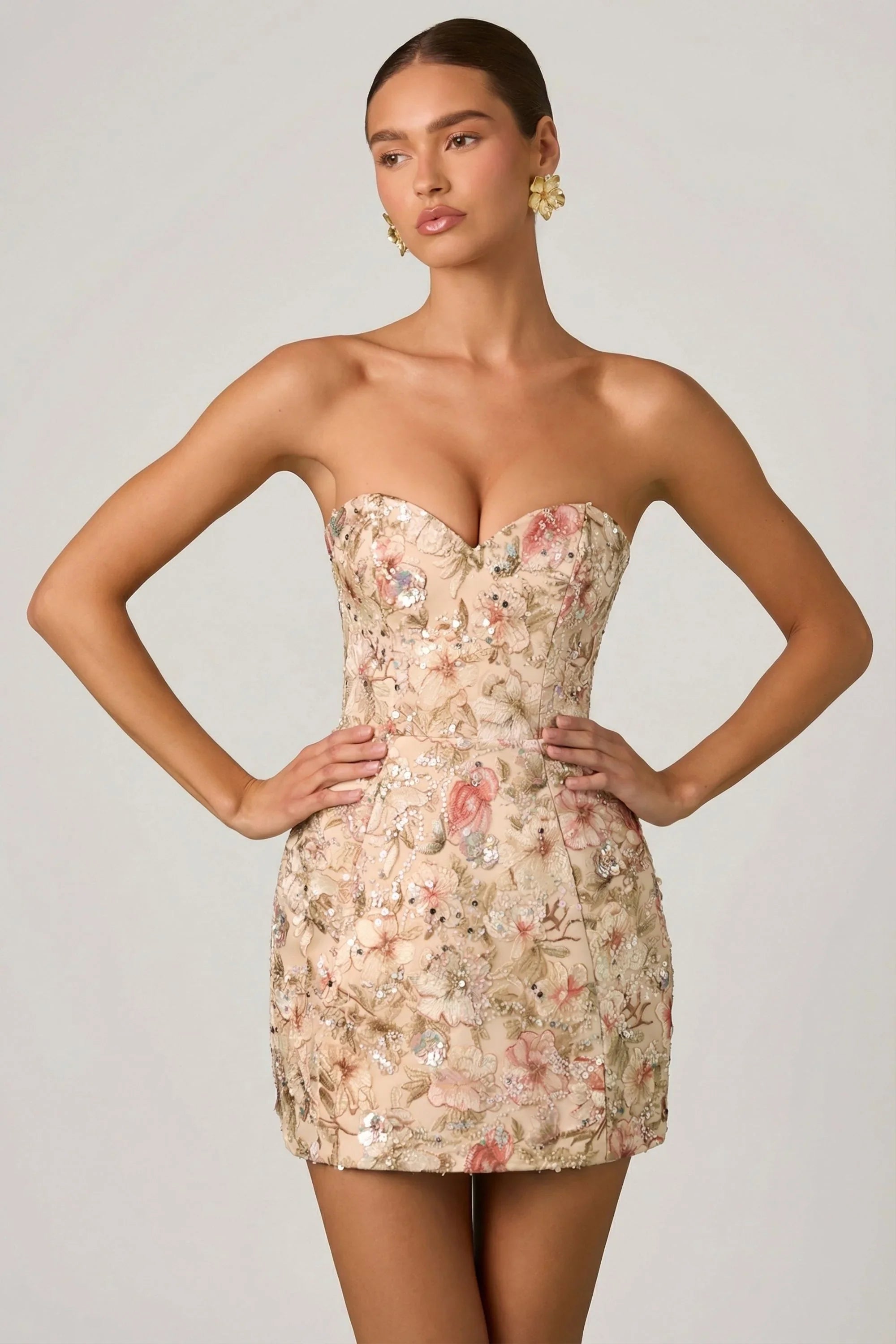 Embellished Strapless A-Line Mini Dress in Floral Beige