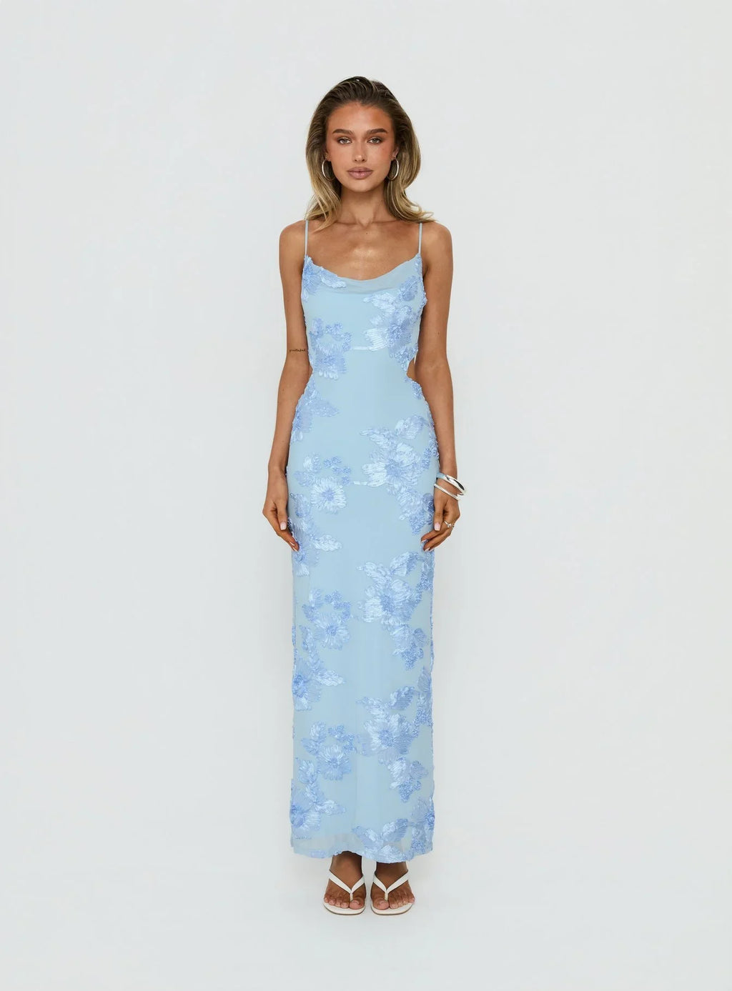 Angel Voices Cowl Neck Maxi Dress Blue Burnout