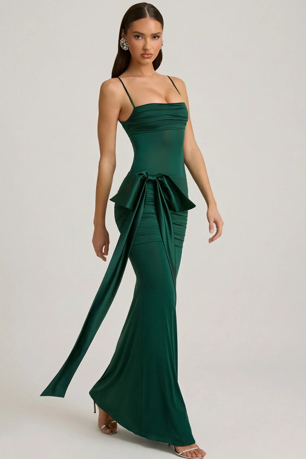 Bow-Detail Ruched Maxi Dress in Emerald Green