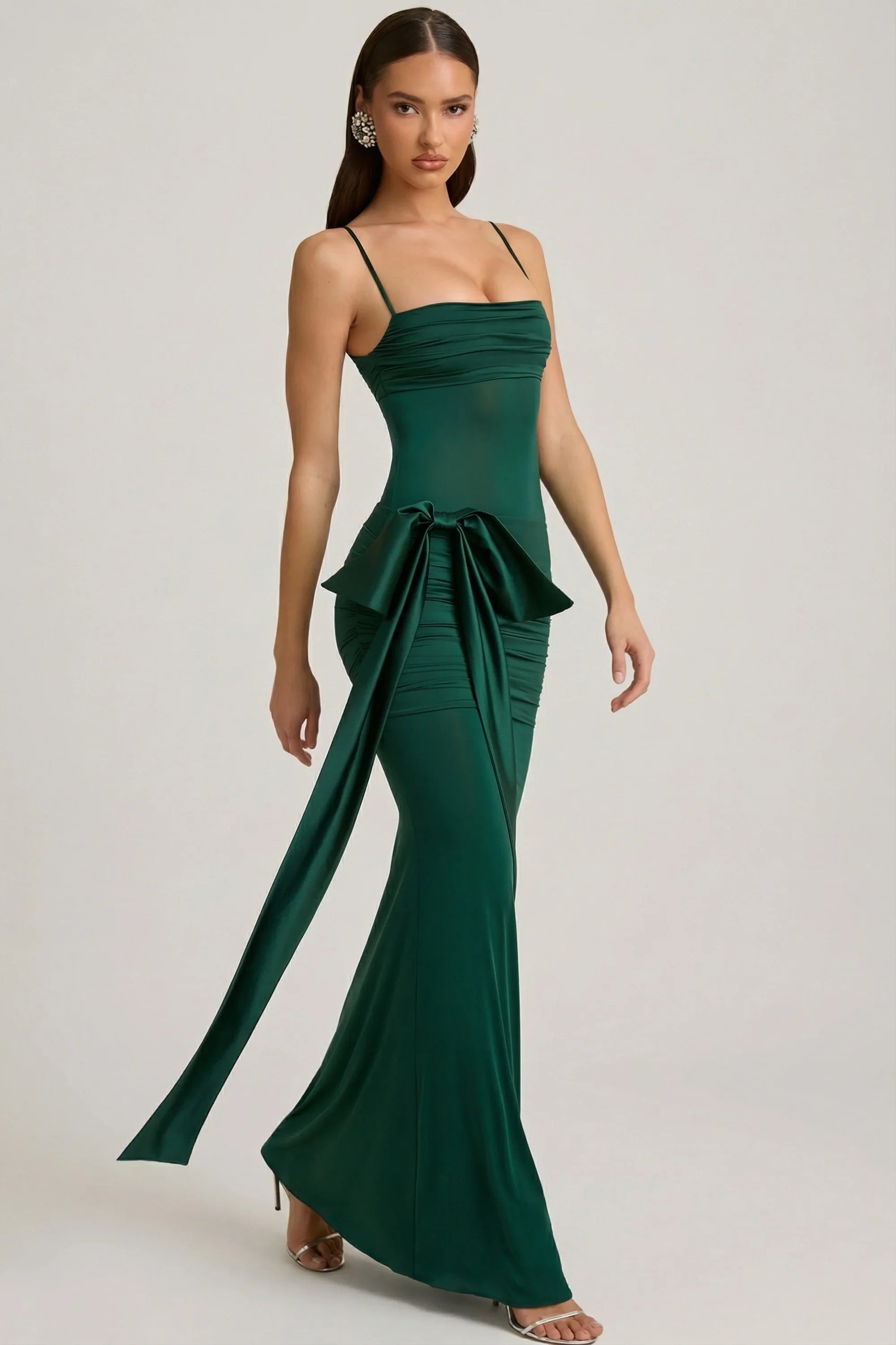 Bow-Detail Ruched Maxi Dress in Emerald Green
