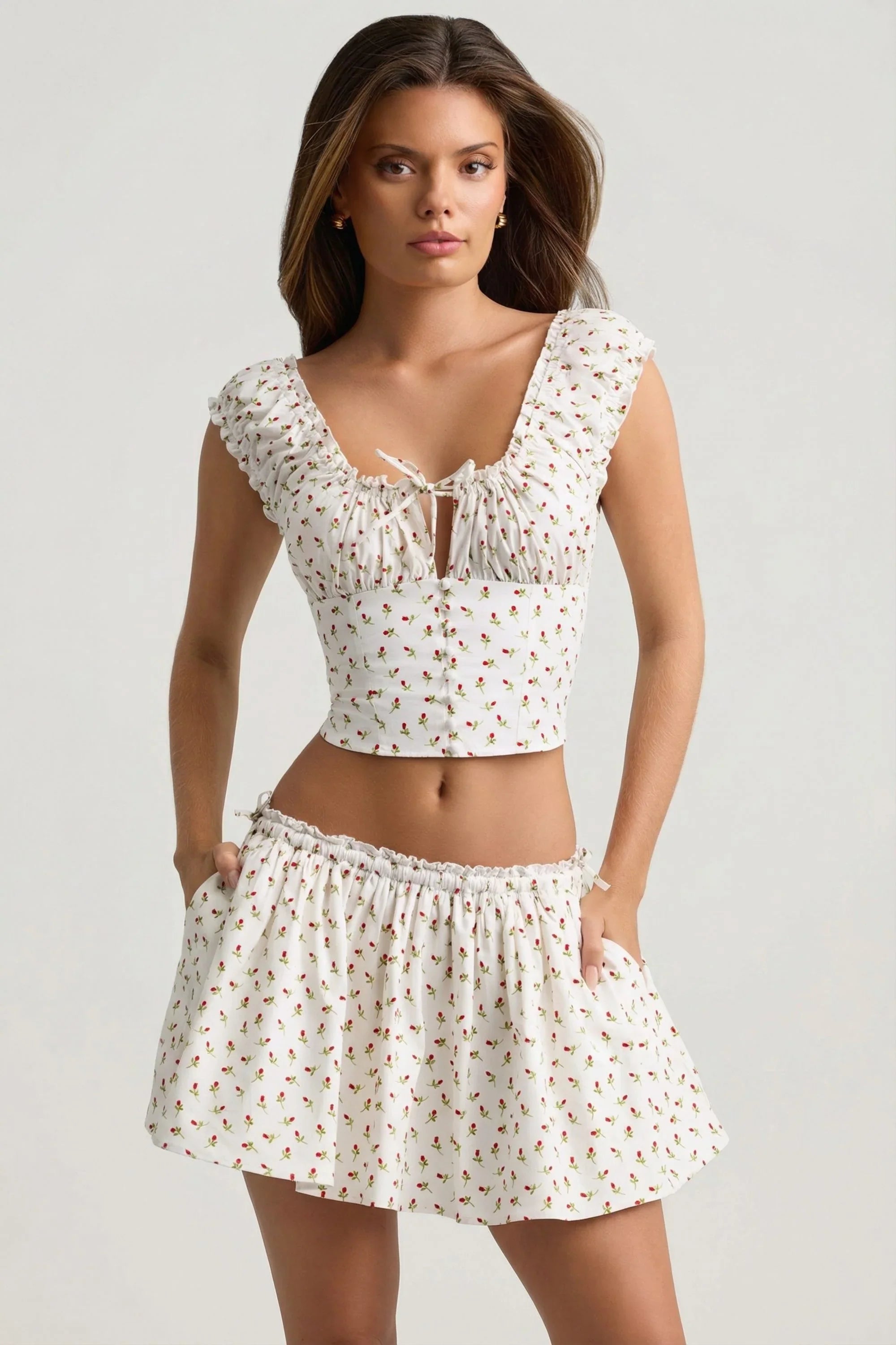 Ruched Cotton-Poplin Mini Skirt in Rose Print