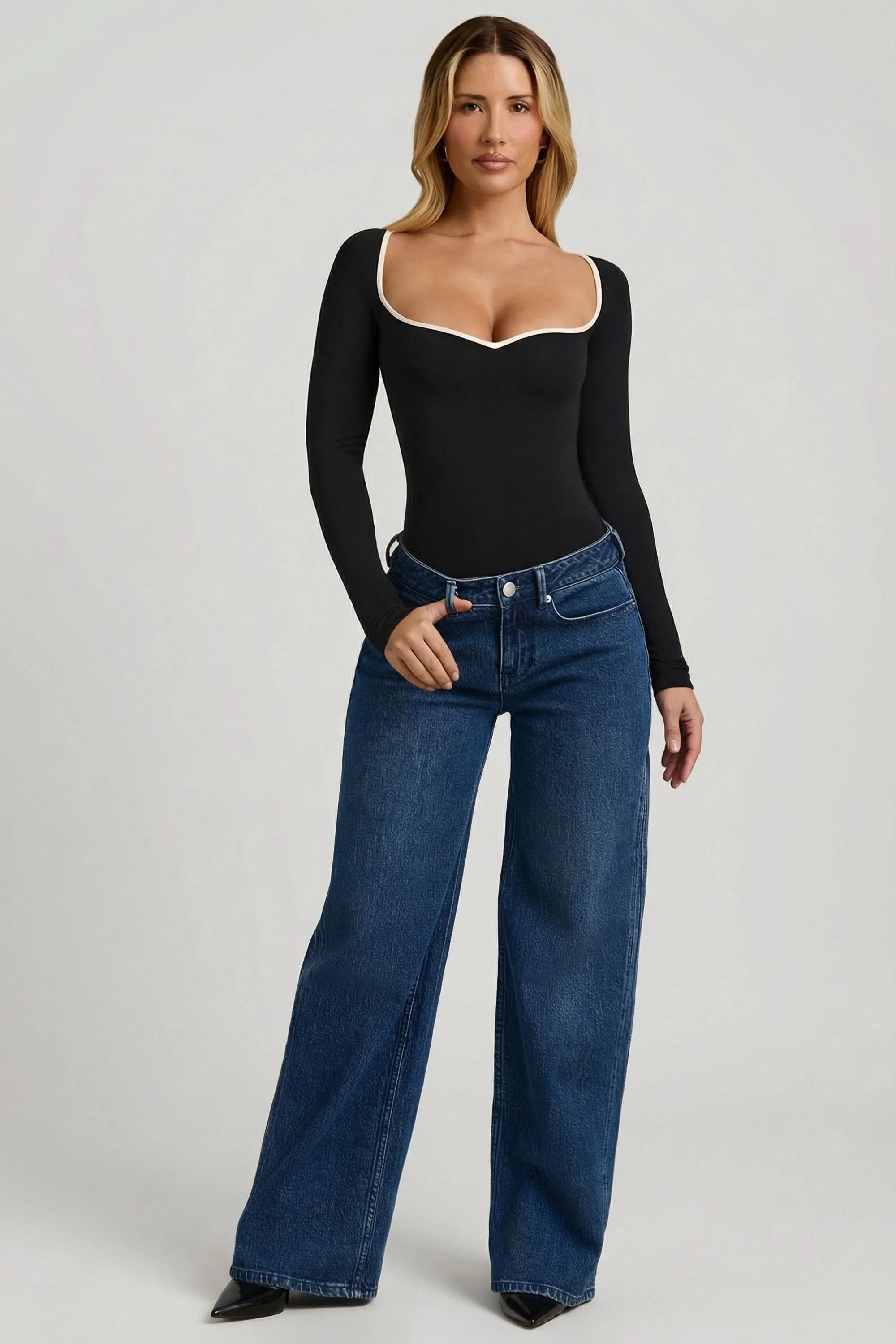 Modal Contrast-Trim Bodysuit in Black