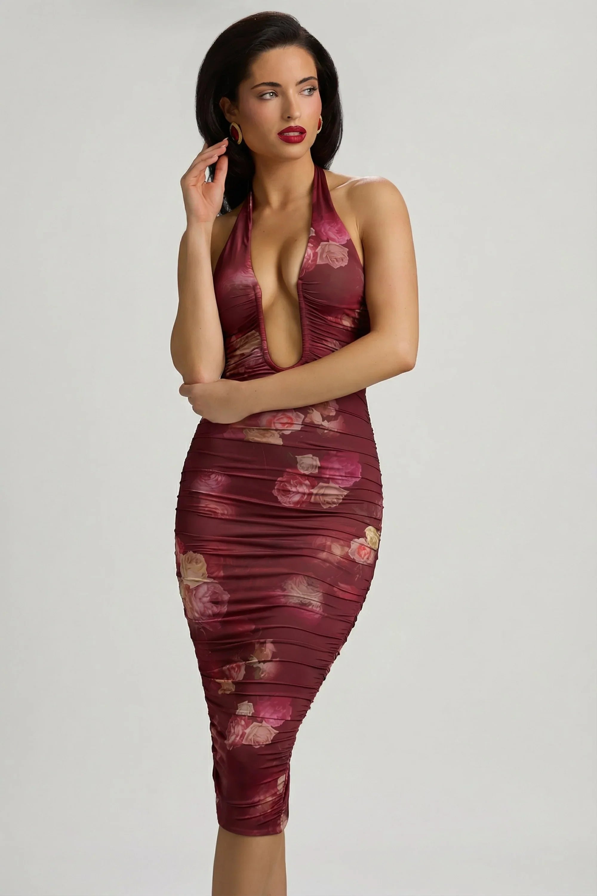 Ruched Plunge Halterneck Midi Dress in Maroon Floral Print
