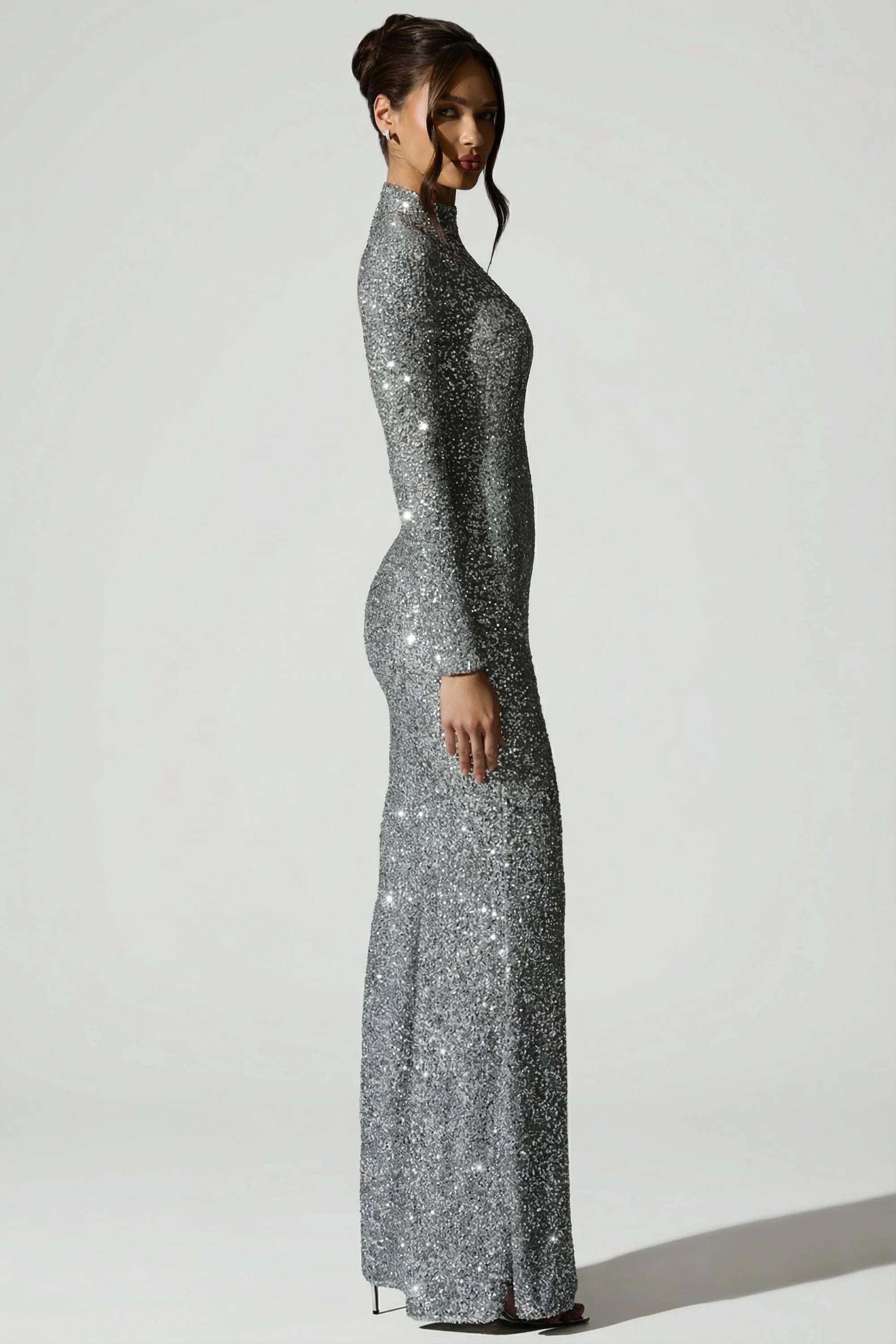 Embellished Open-Back Gown in Silver