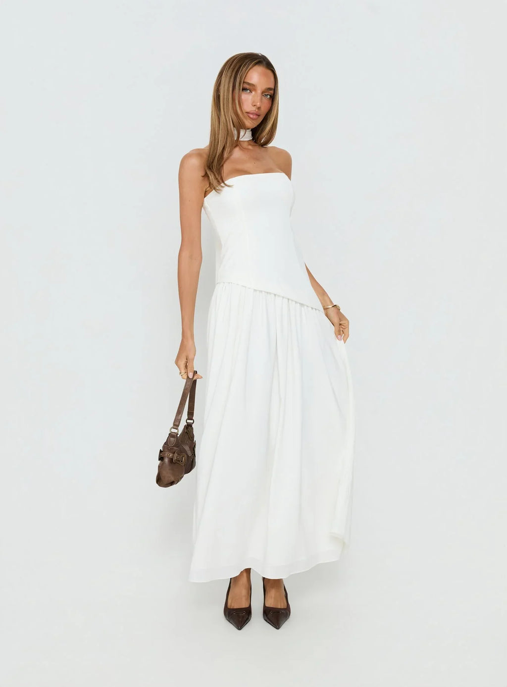 Odela Strapless Scarf Drop Waist Maxi Dress White