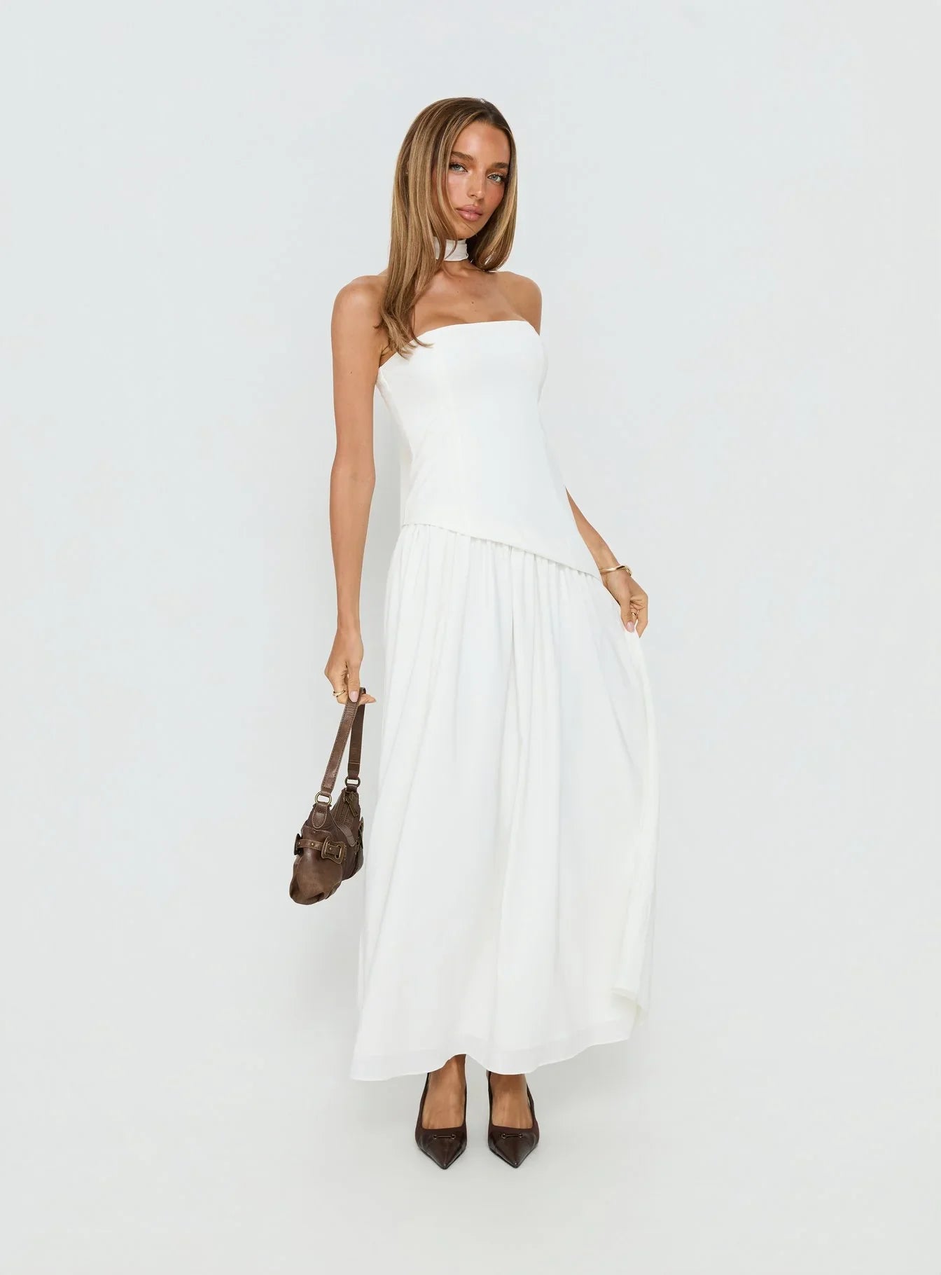 Odela Strapless Scarf Drop Waist Maxi Dress White