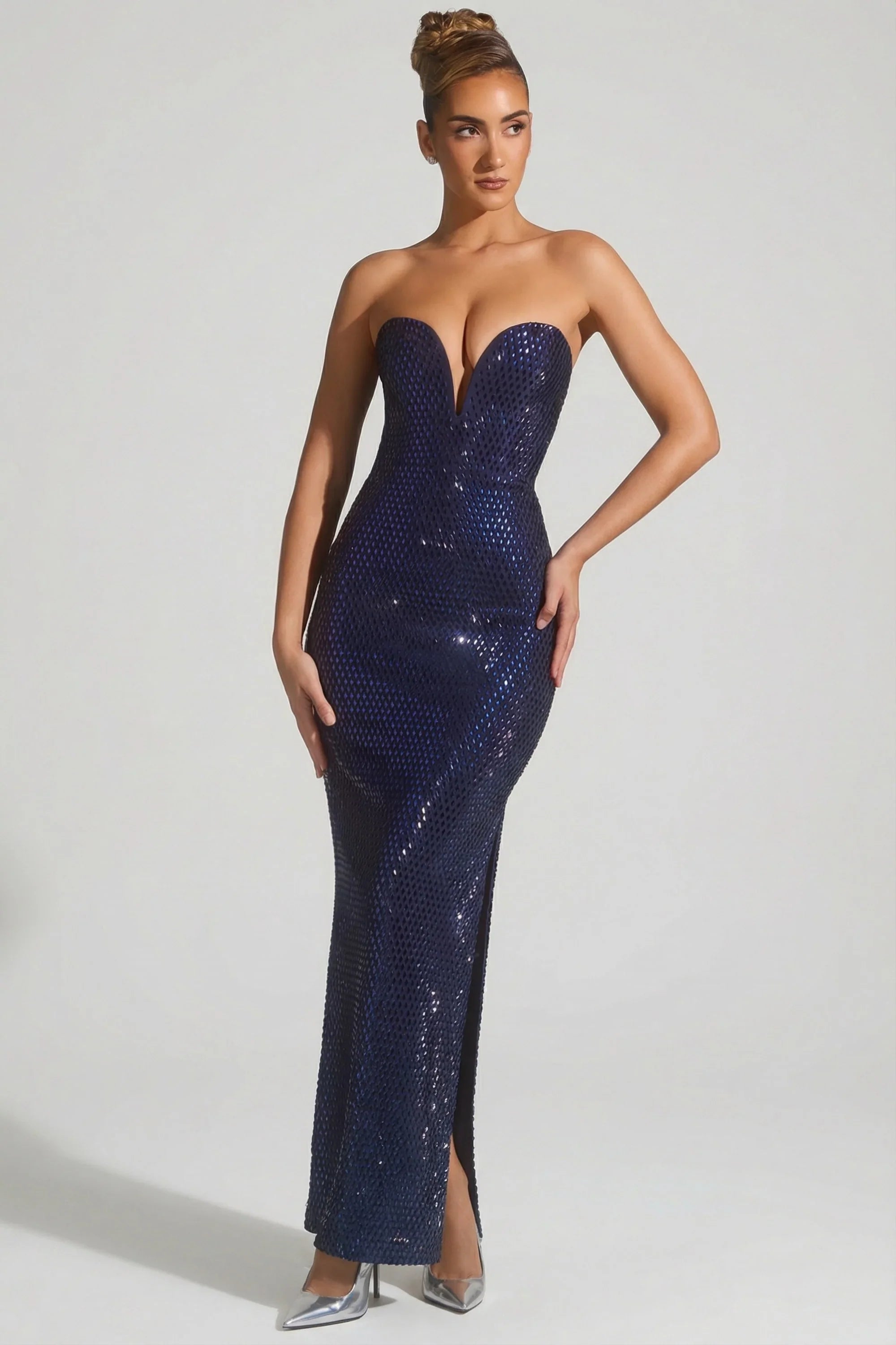 Embellished Plunge Gown in Navy