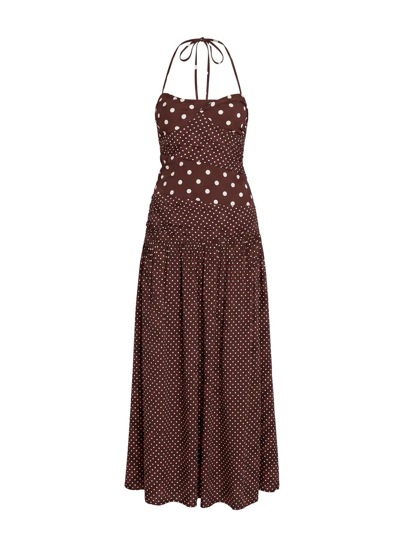 Marguerite Halter Maxi Dress Brown Polka Dot