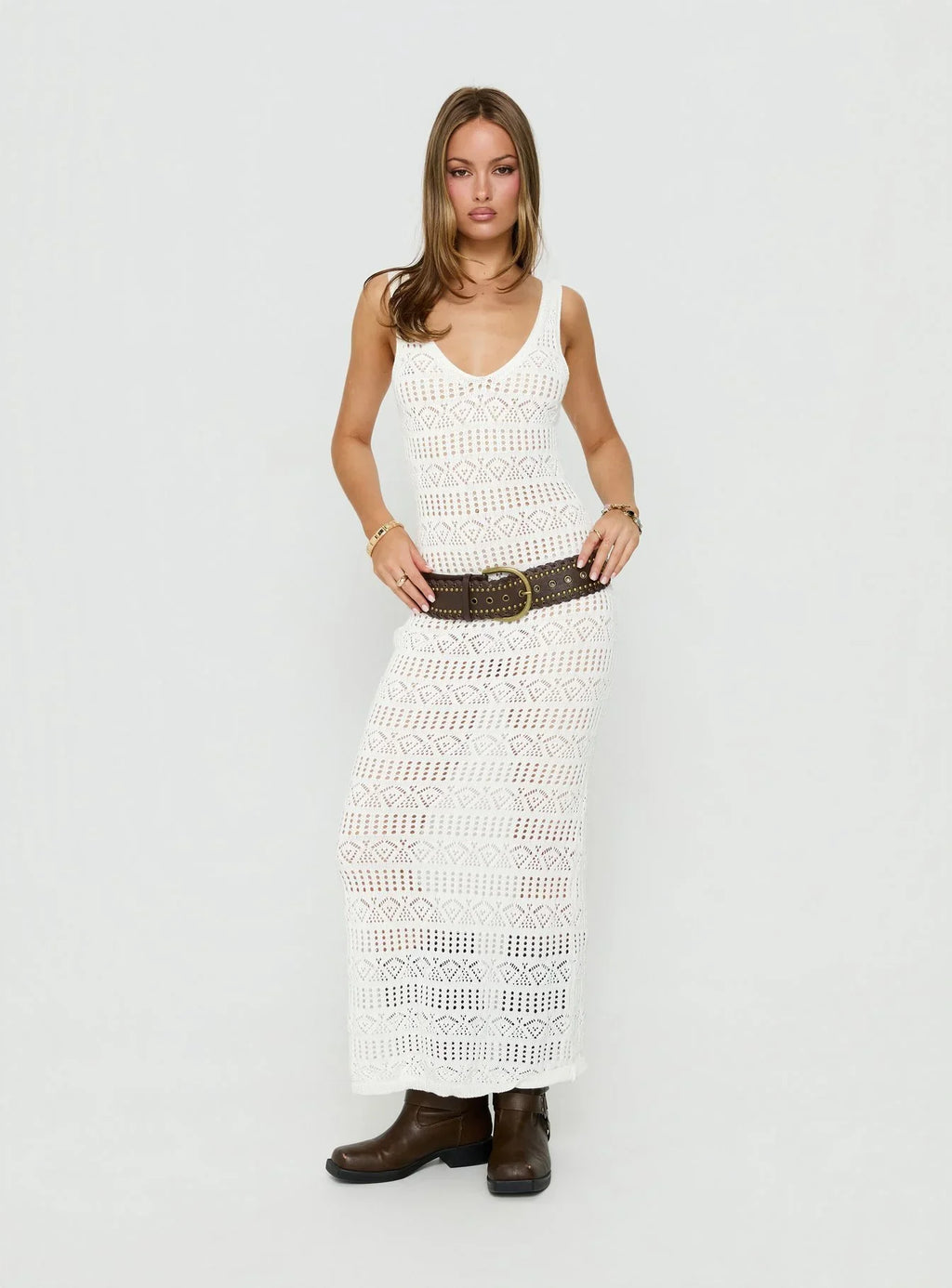 Ledena Knit V Neck Maxi Dress Cream