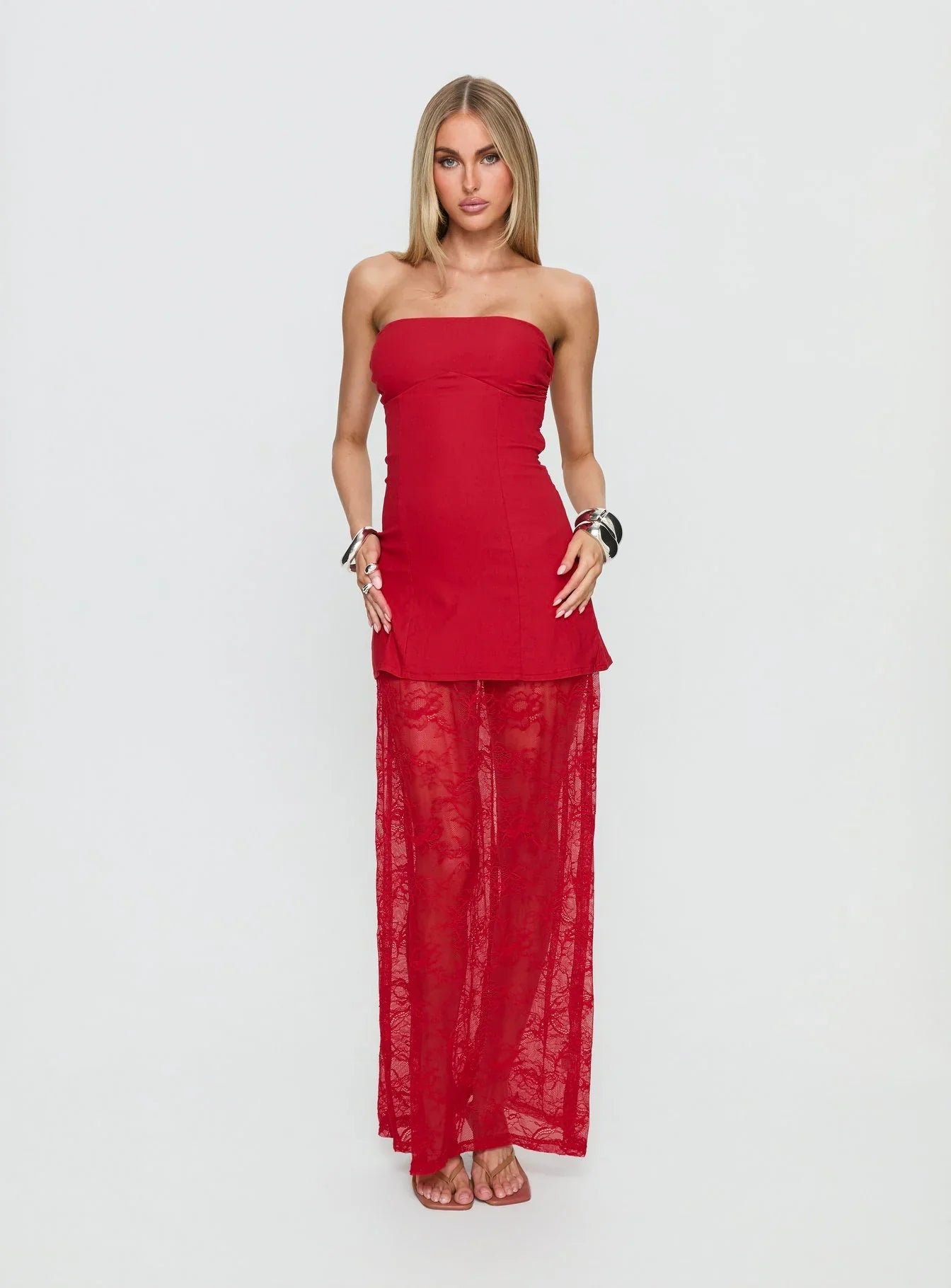 Aleda Sheer Lace Detail Strapless Maxi Dress Red