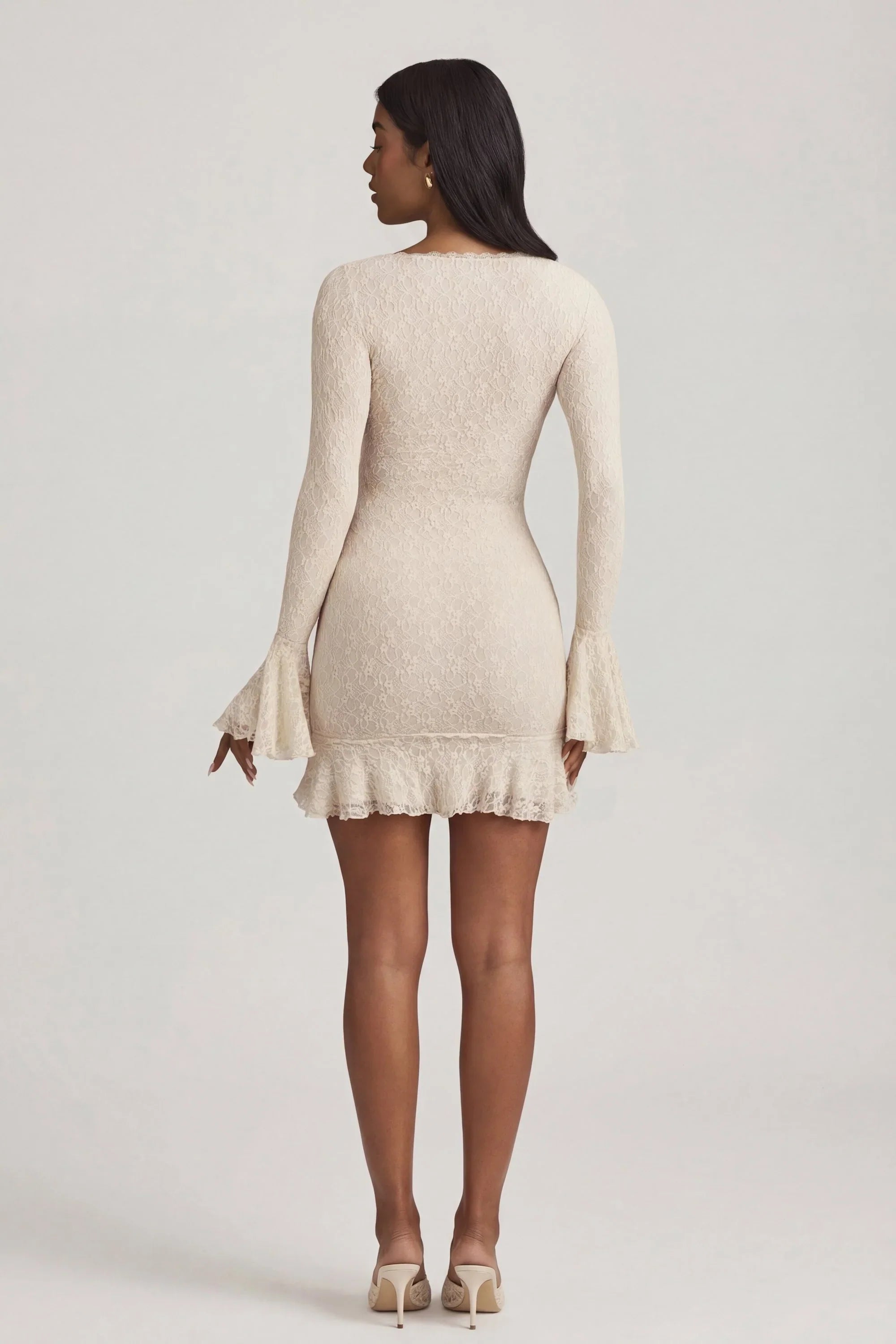 Long-Sleeve Ruffled Lace Mini Dress in Ivory
