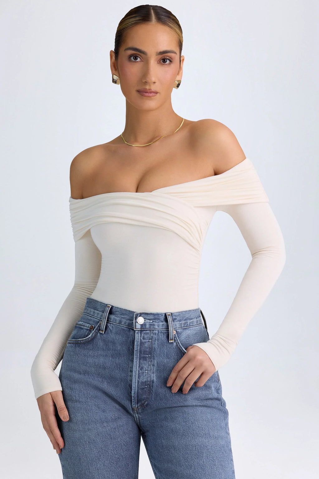 Modal Off-Shoulder Ruched Bodysuit in Ivory