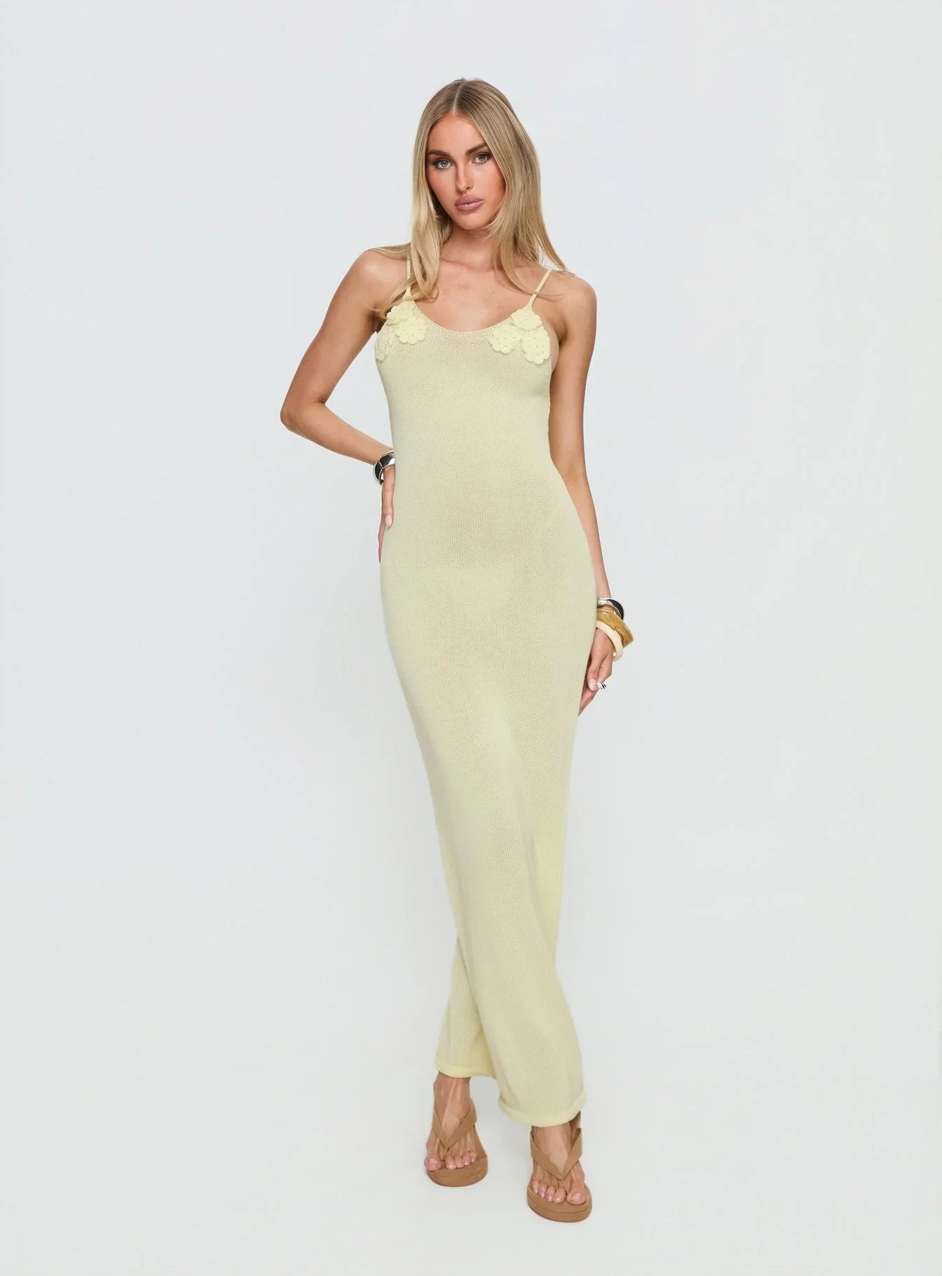 Cinderella Knit Floral Detail Maxi Dress Lemon Yellow