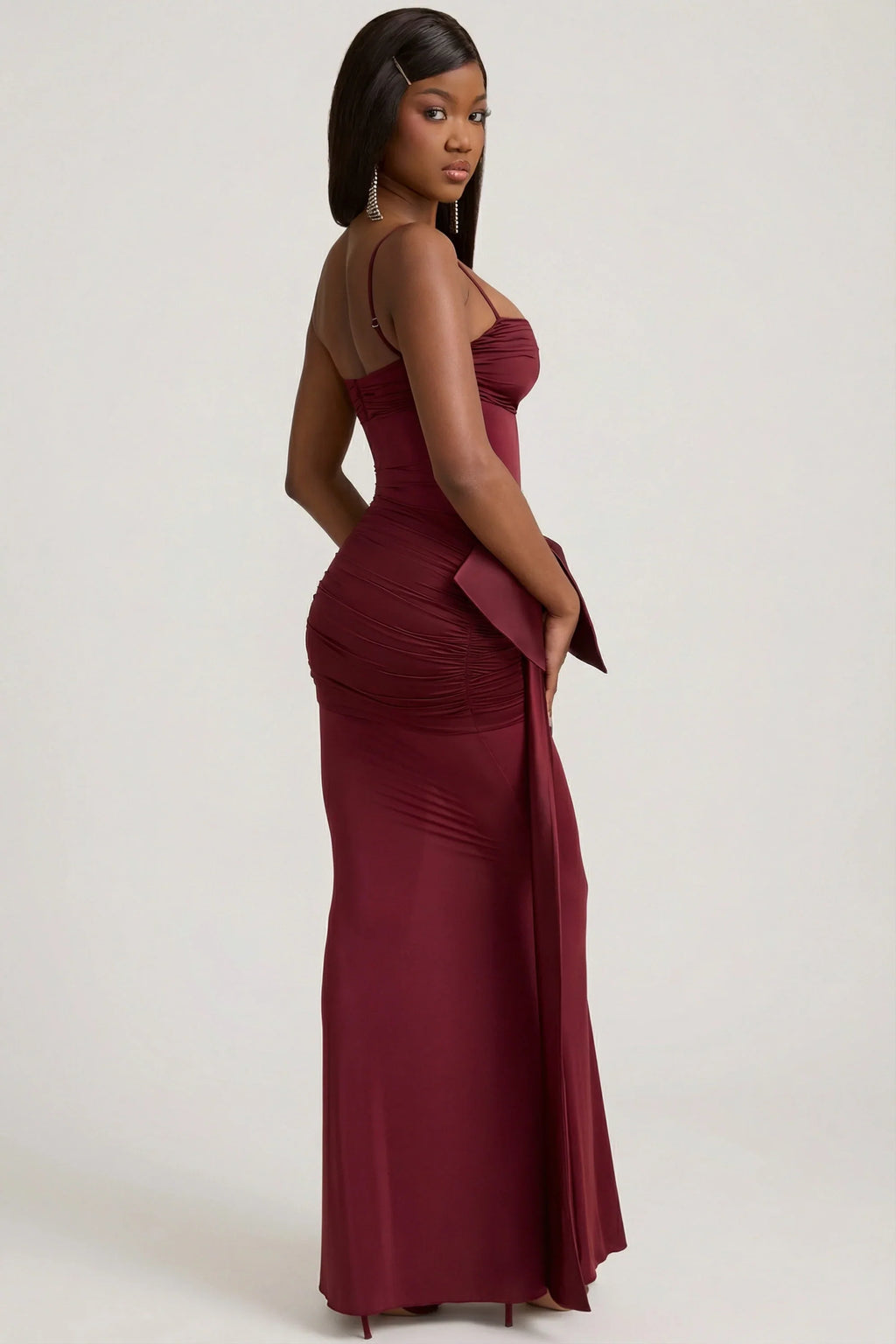 Bow-Detail Ruched Maxi Dress in Wine Red