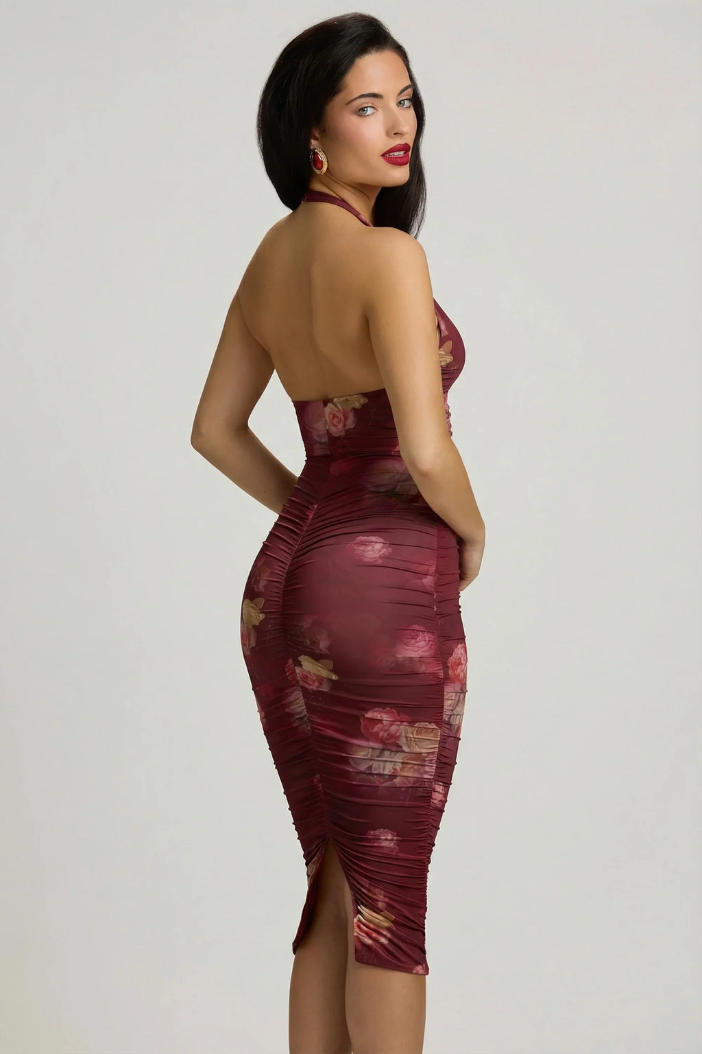 Ruched Plunge Halterneck Midi Dress in Maroon Floral Print