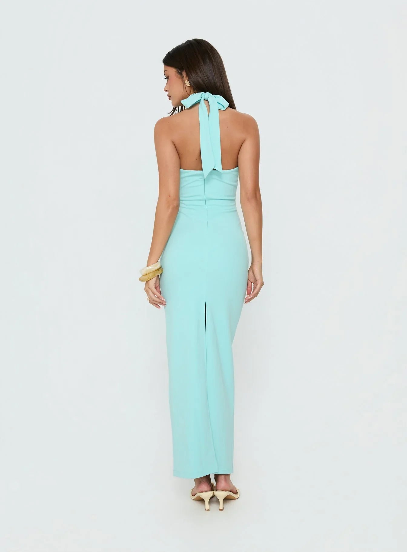 Soft Storm Plunge Halter Maxi Dress Turquoise