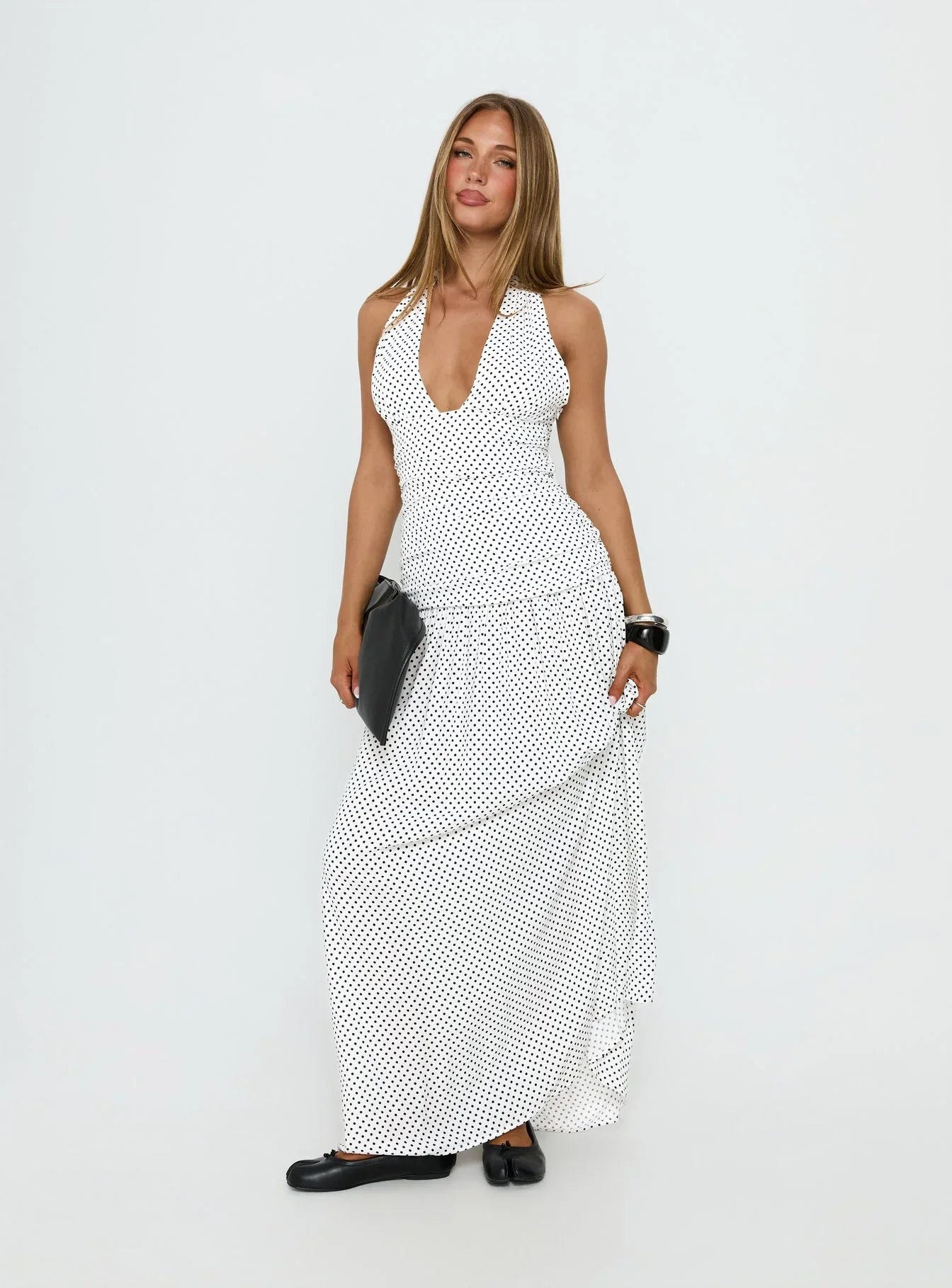 Millen Gathered Waist Halter Maxi Dress White Polka Dot
