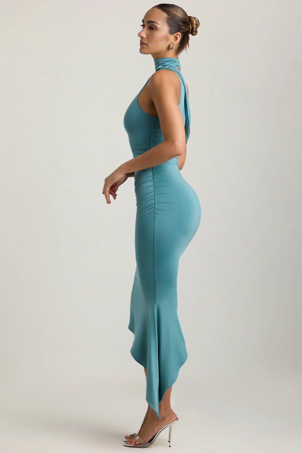 Slinky Jersey Asymmetric Cowl-Neck Midaxi Dress in Sea Green