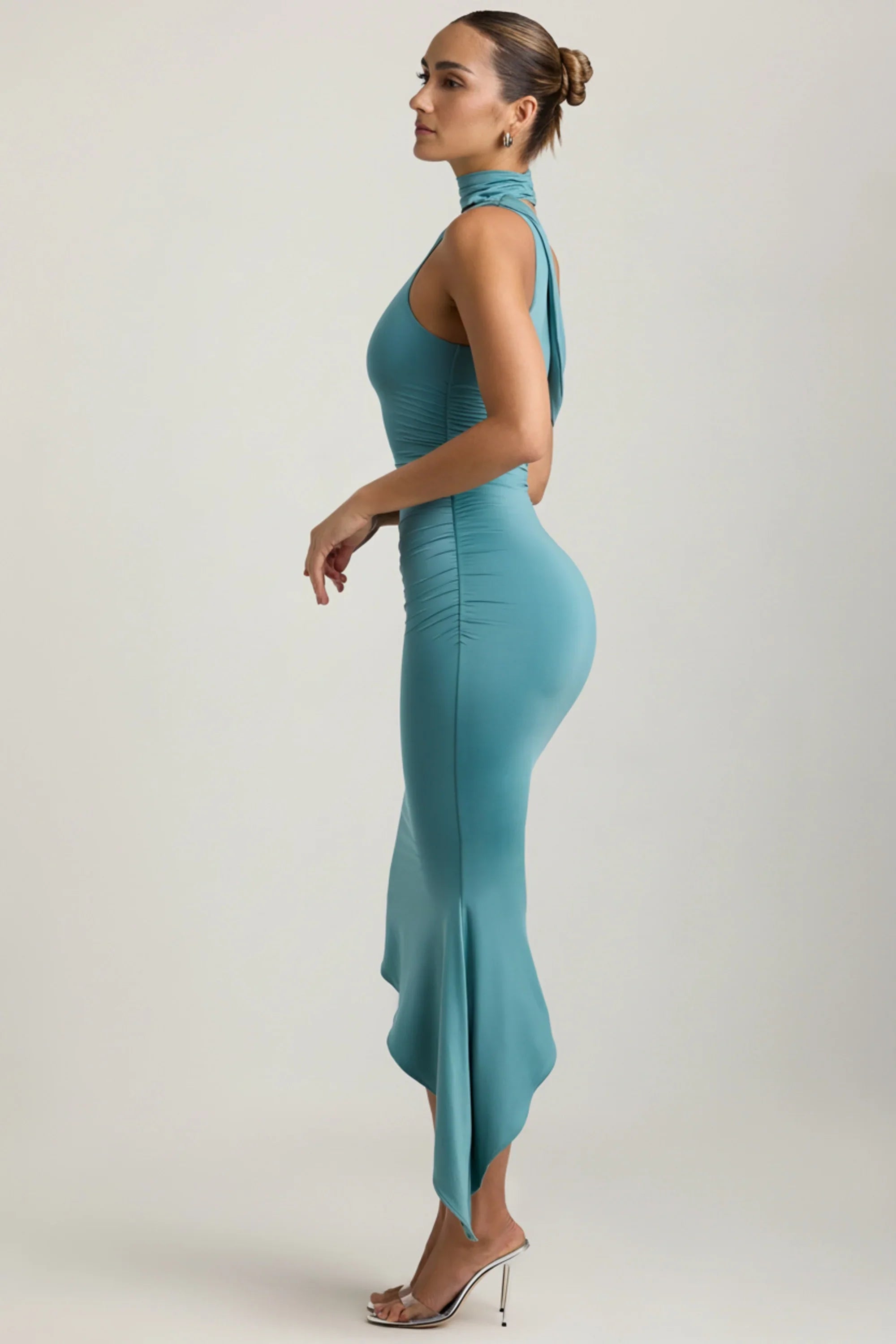 Slinky Jersey Asymmetric Cowl-Neck Midaxi Dress in Sea Green
