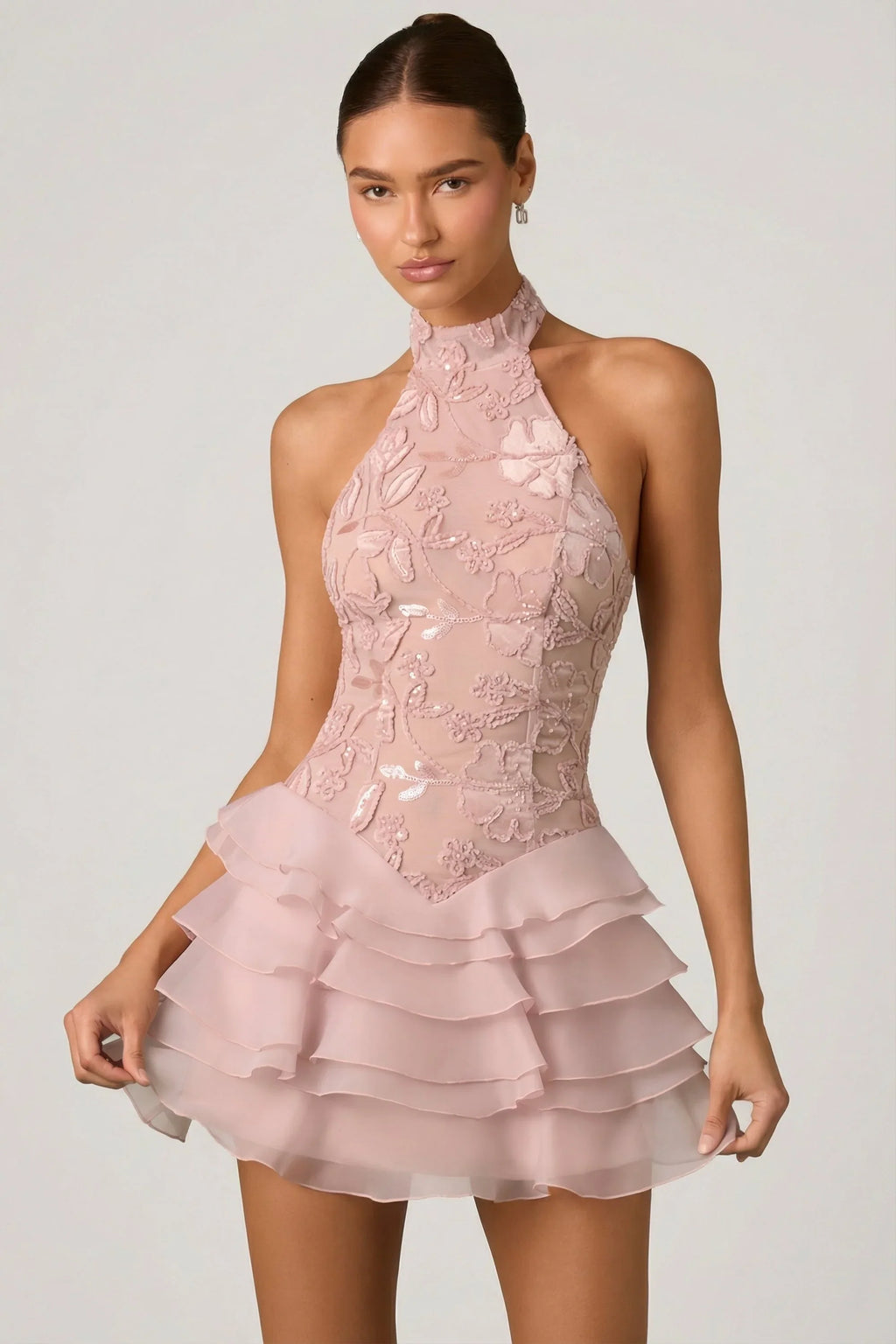 Embellished Ruffled Halterneck Mini Dress in Dusty Rose
