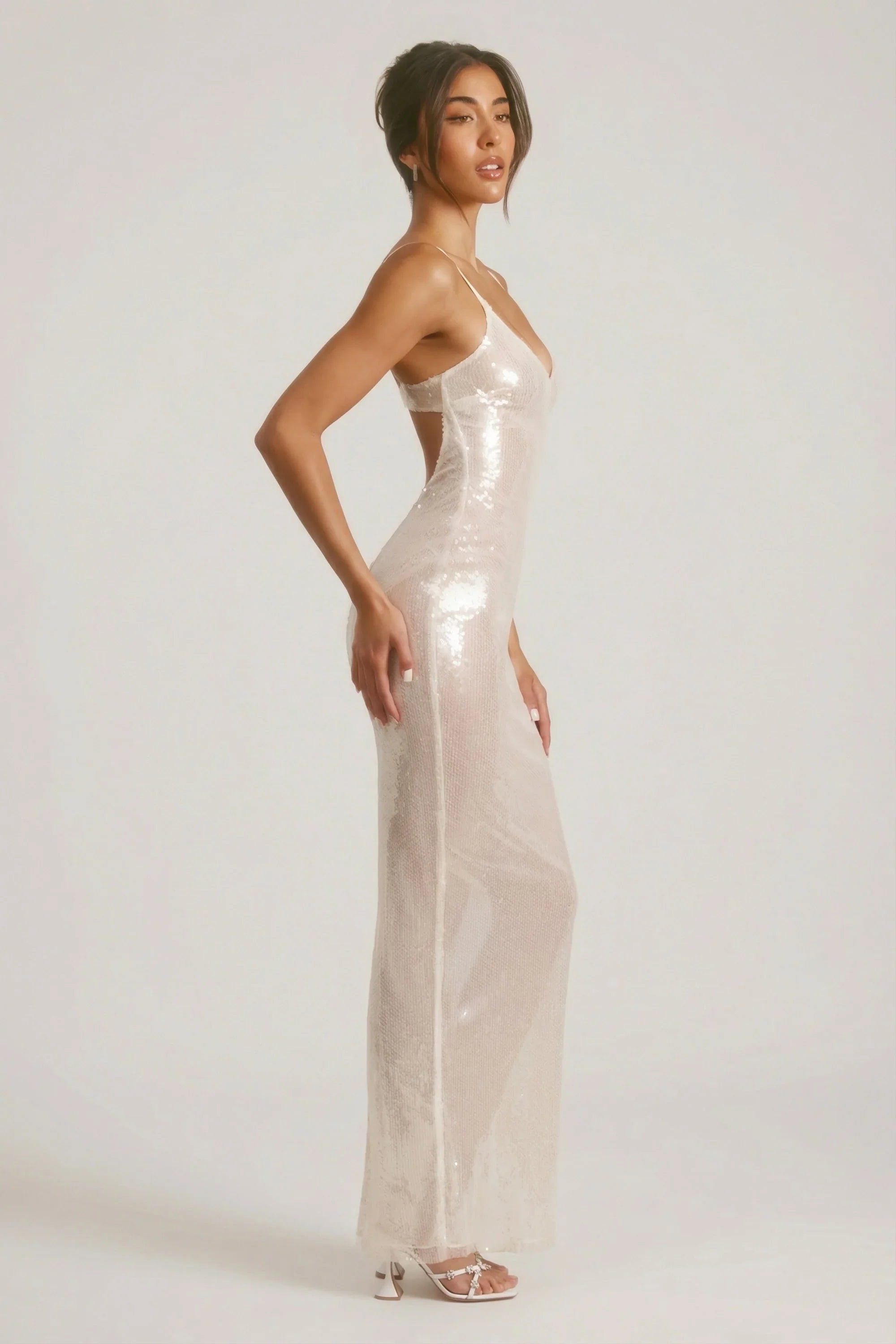 Sheer Sequin V-Neck Cut Out Back Evening Gown in White