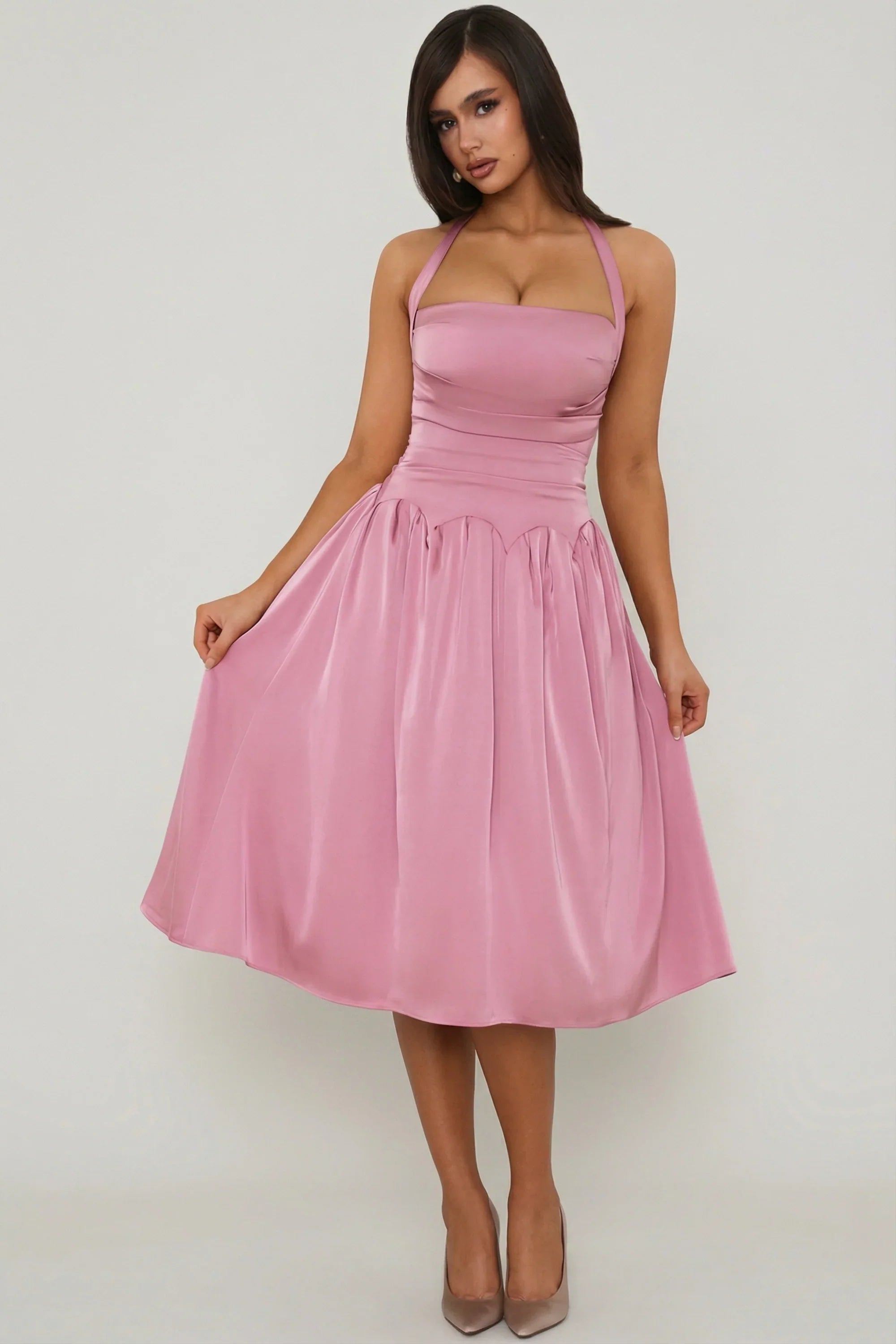 Halterneck Lace-Up Ruched Corset Midi Dress in Mauve