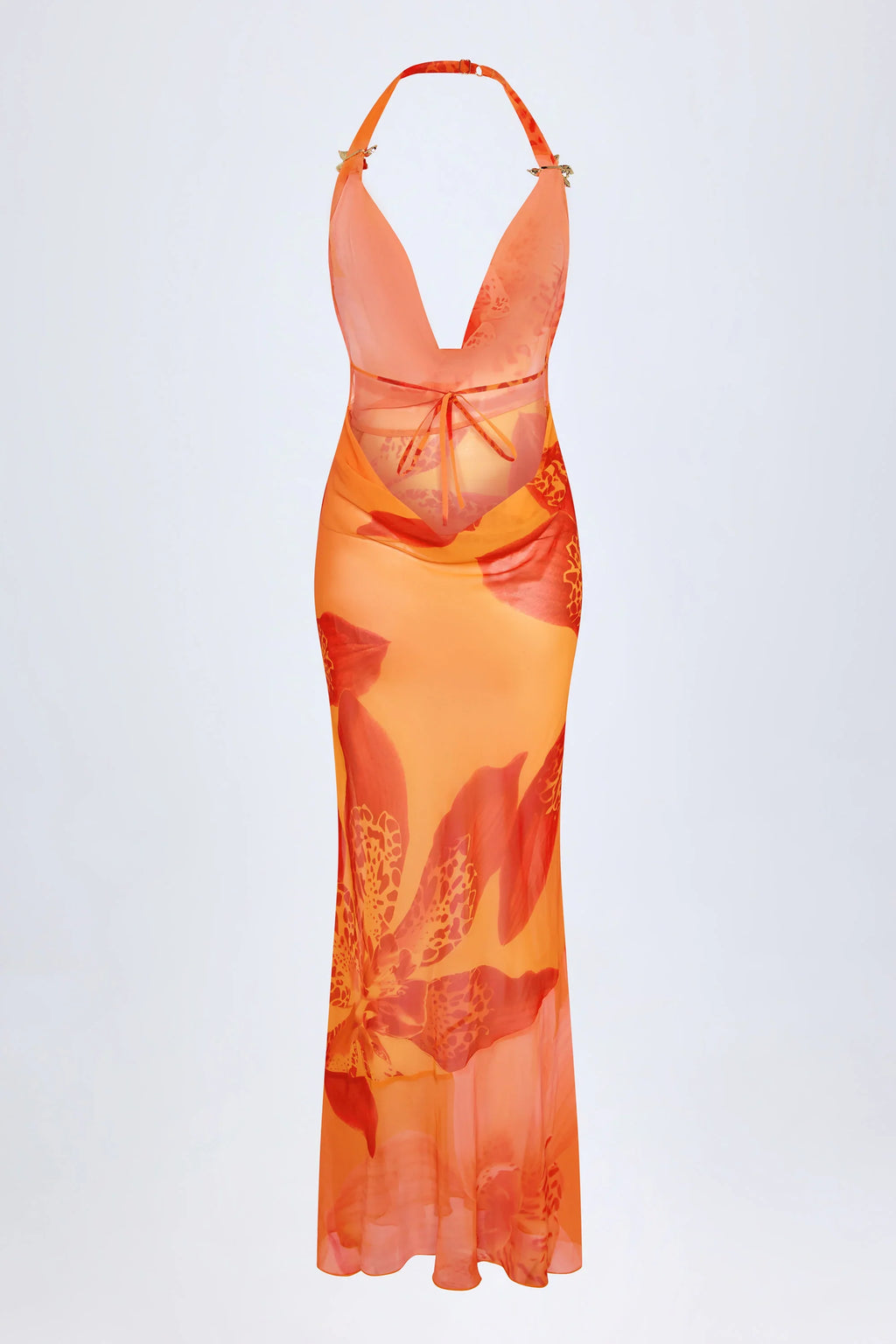 Cowl-Neck Hardware-Detail Maxi Dress in Orange Orchid Print
