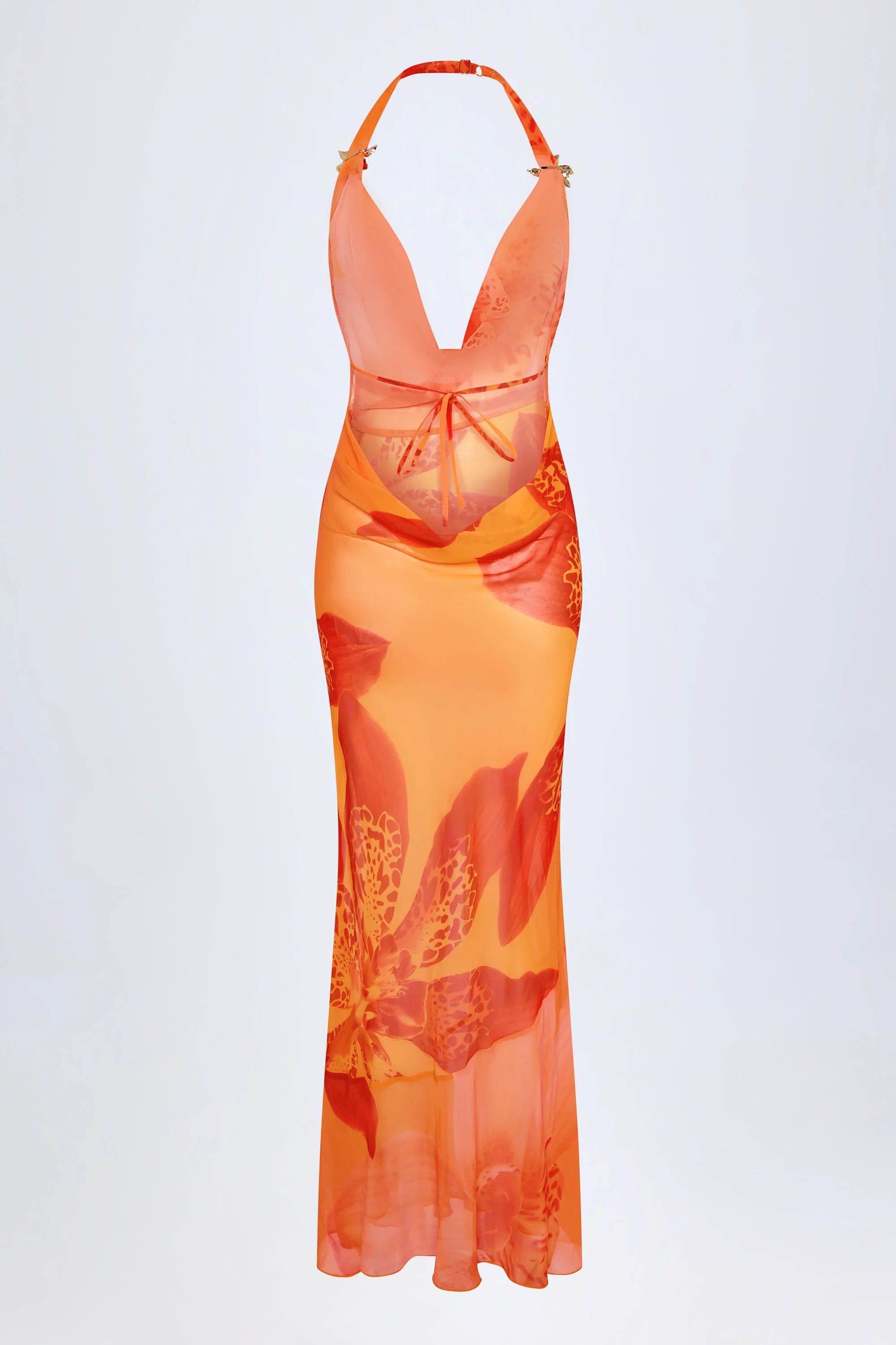 Cowl-Neck Hardware-Detail Maxi Dress in Orange Orchid Print