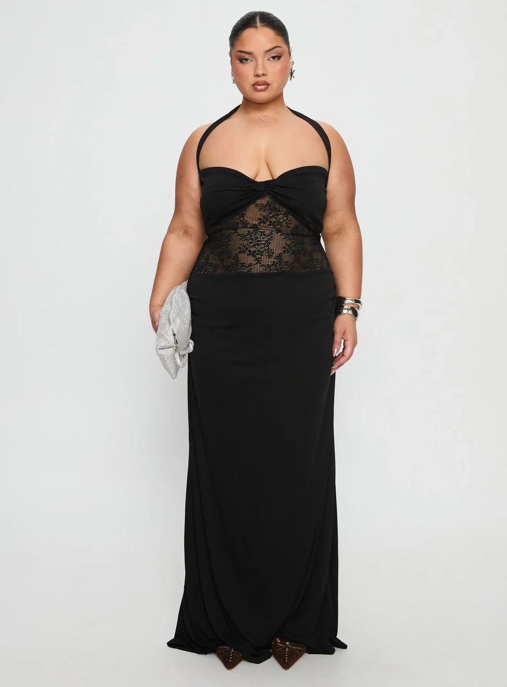Adalyne Lace Halter Maxi Dress Black Curve