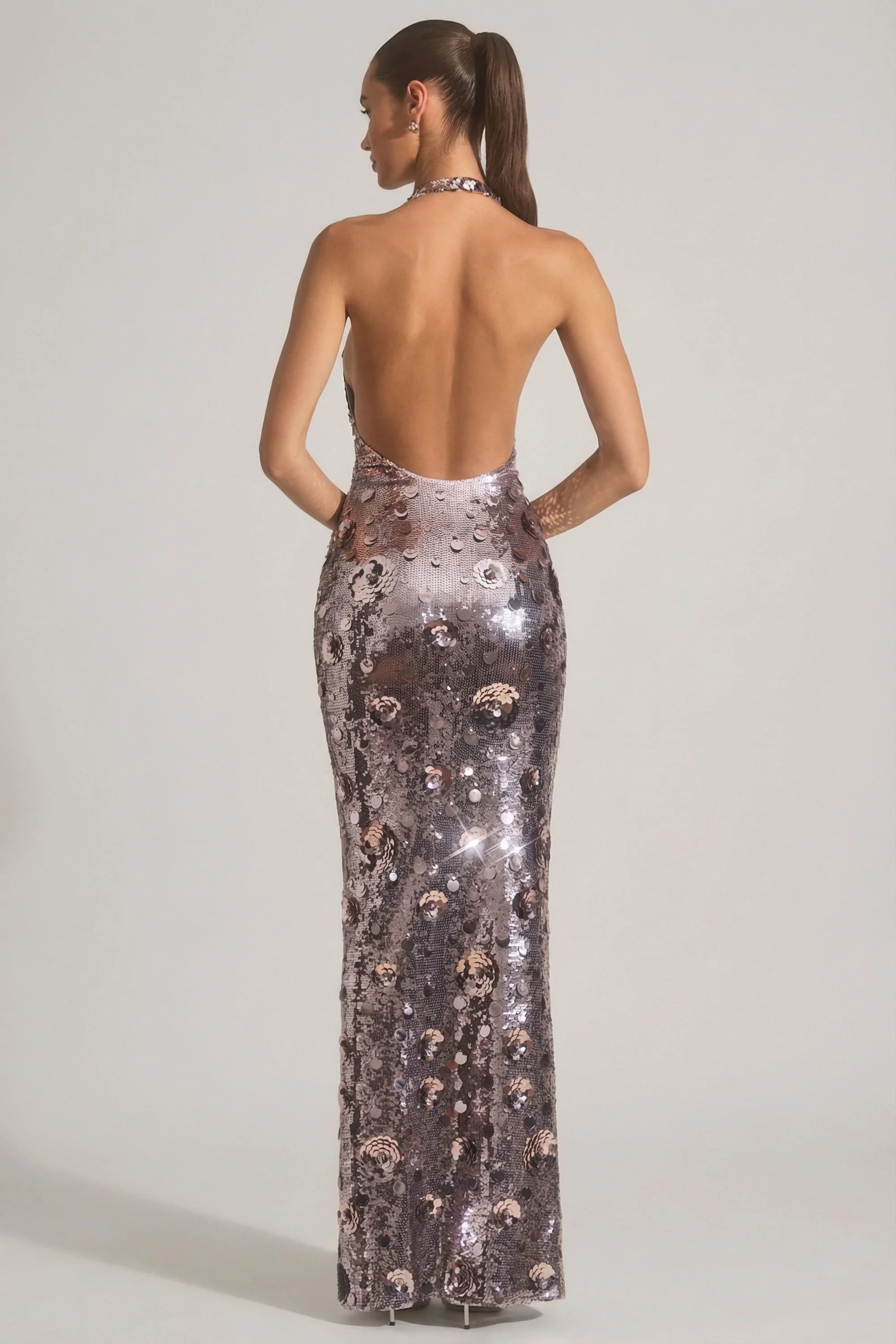 Sequin-Embellished Halterneck Maxi Dress in Silver