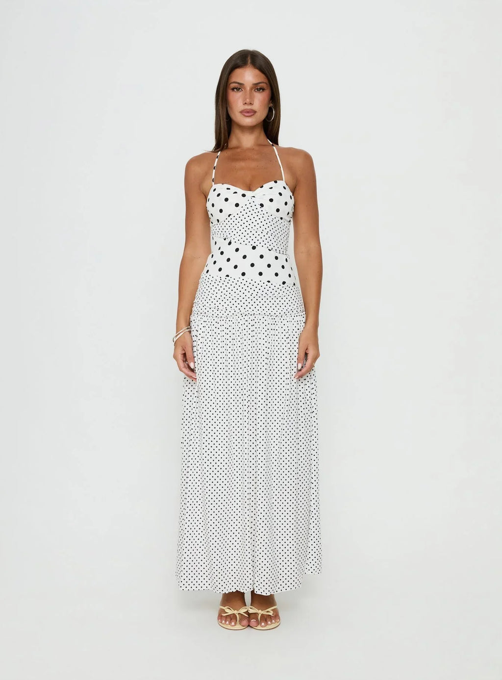Marguerite Halter Maxi Dress White Polka Dot