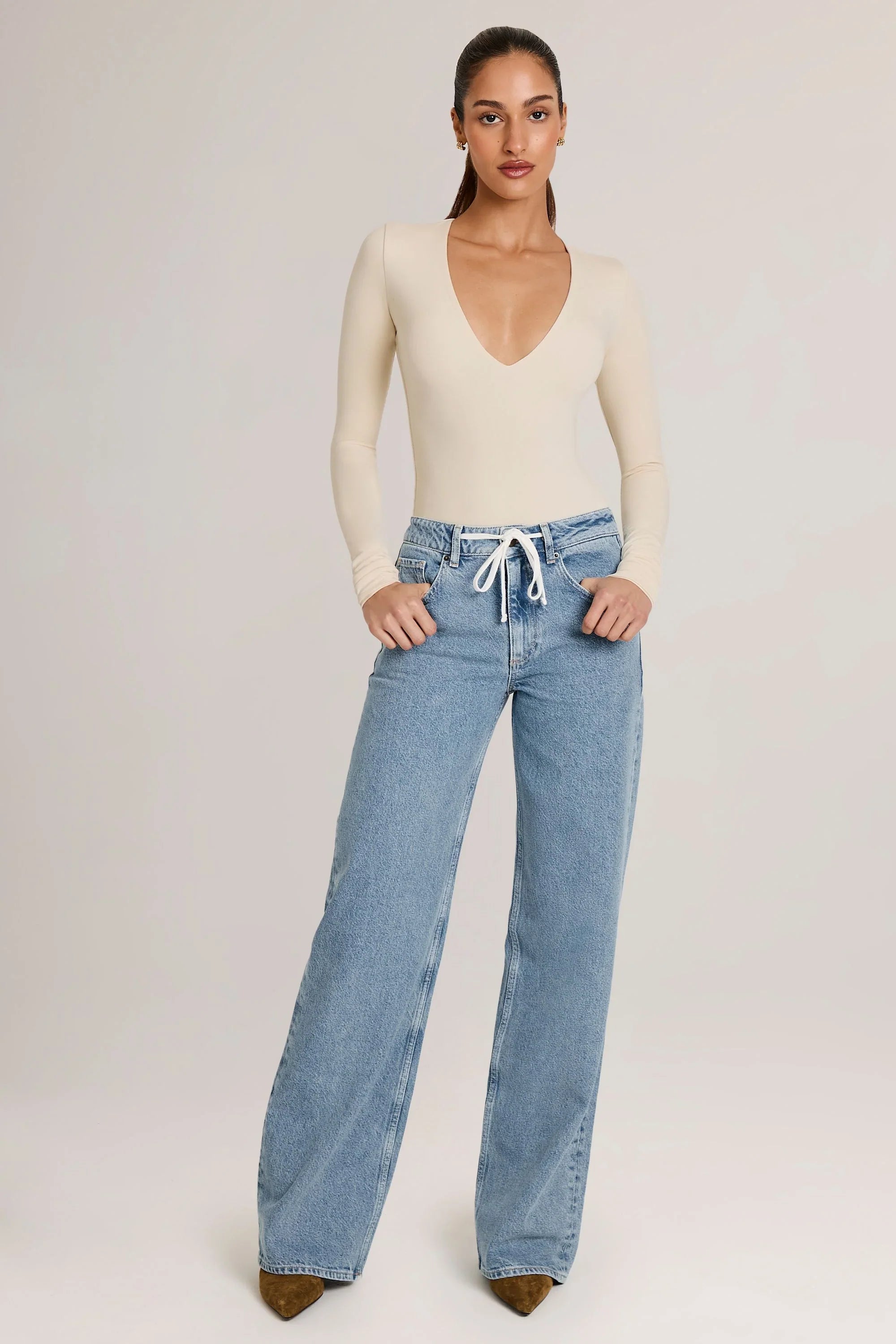 Modal Plunge Long-Sleeve Bodysuit  in Ivory