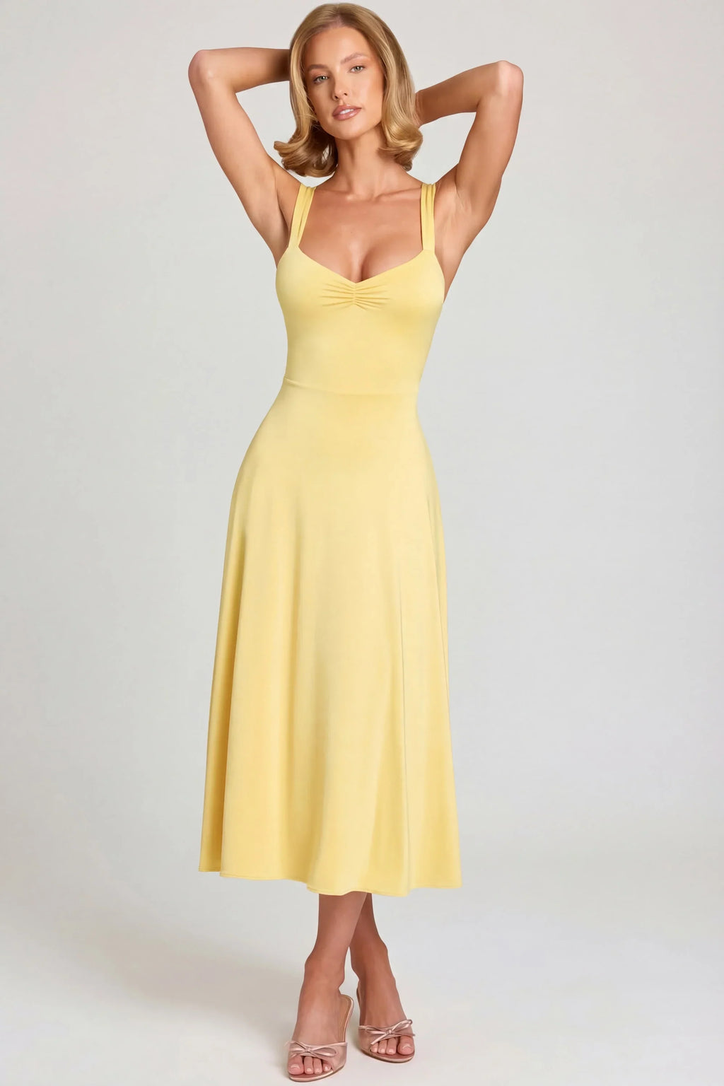Sweetheart-Neck Ruched Midaxi Dress in Pastel Yellow