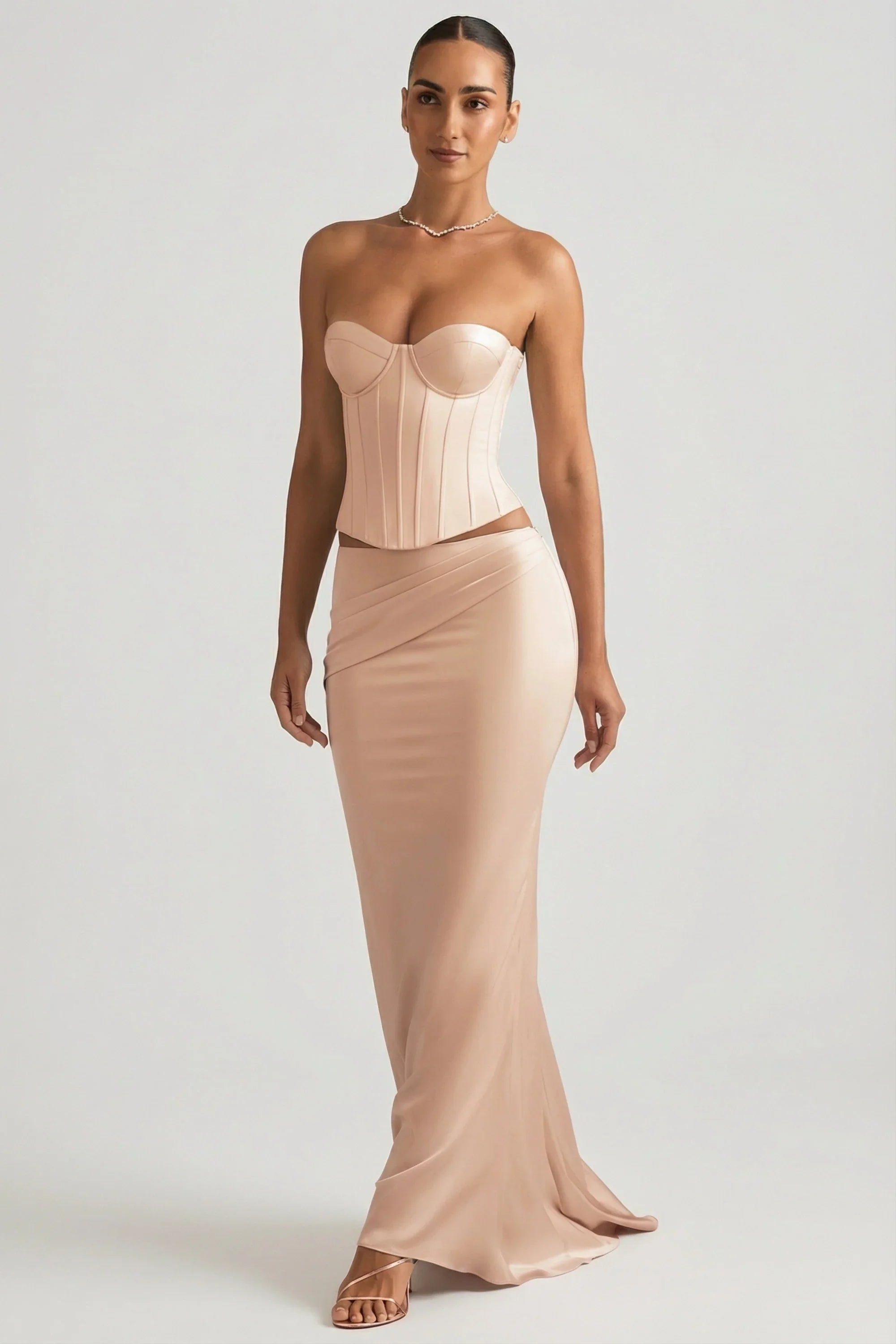Draped Low-Rise Maxi Skirt in Beige Gold