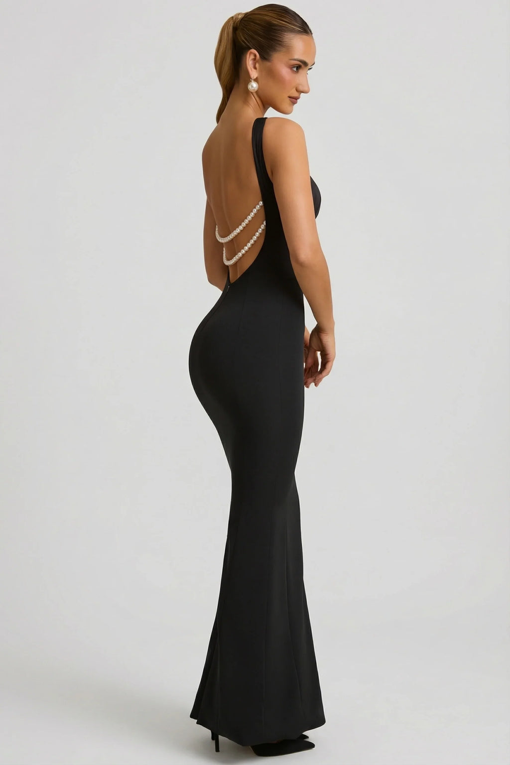 Pearl-Detail Halterneck Maxi Dress in Black