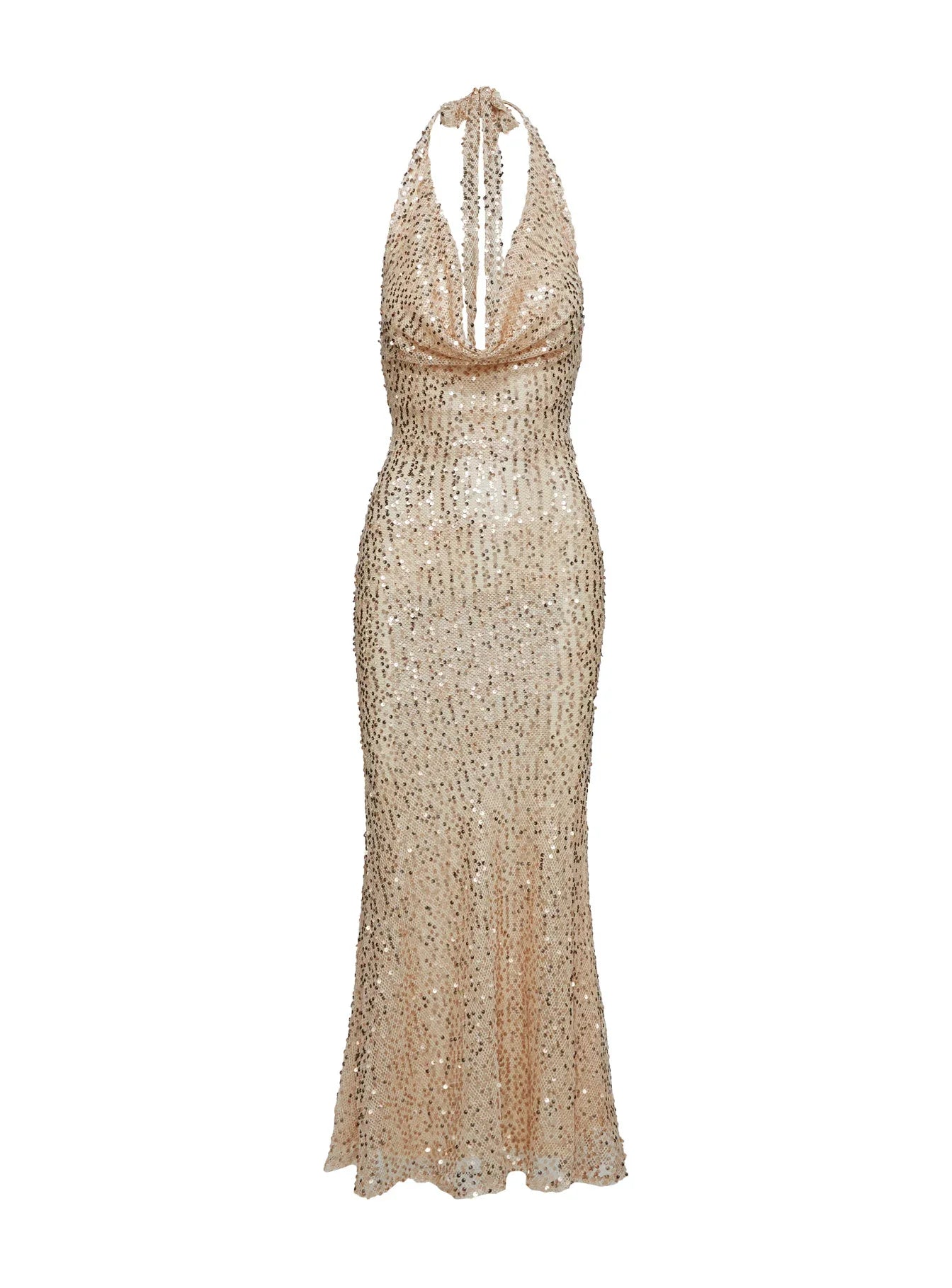 Luxurious Cowl Neck Sequin Maxi Dress Champagne