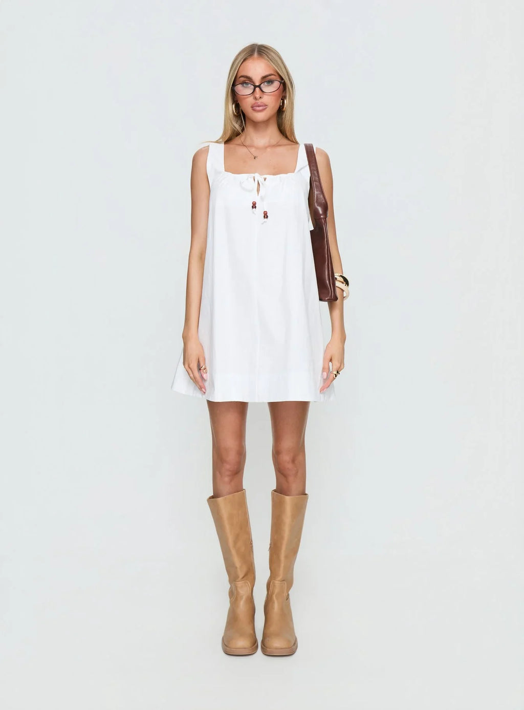Barbel Square Neck Tie Detail Mini Dress White
