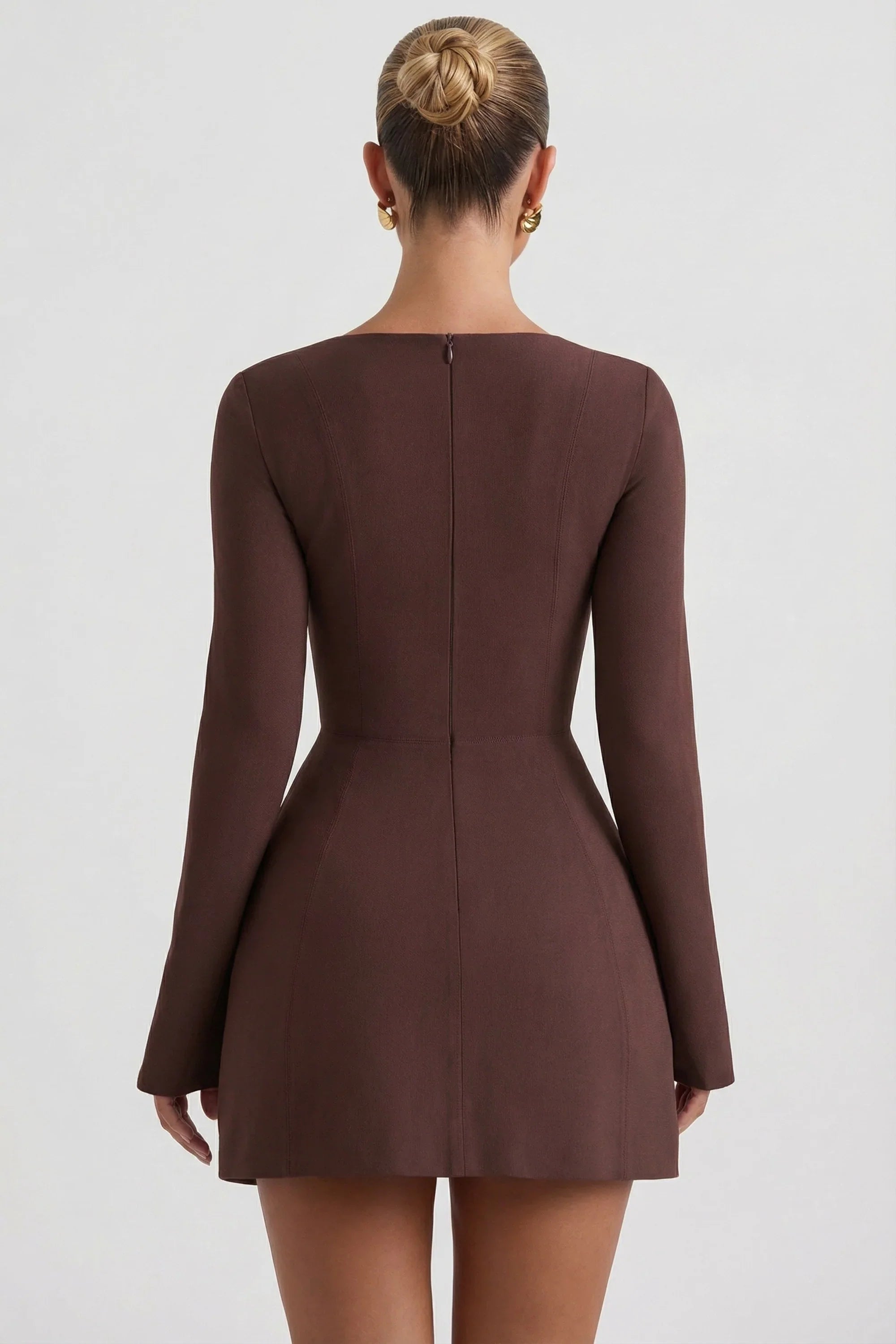 Square-Neck Structured Tulip Mini Dress in Chocolate Brown