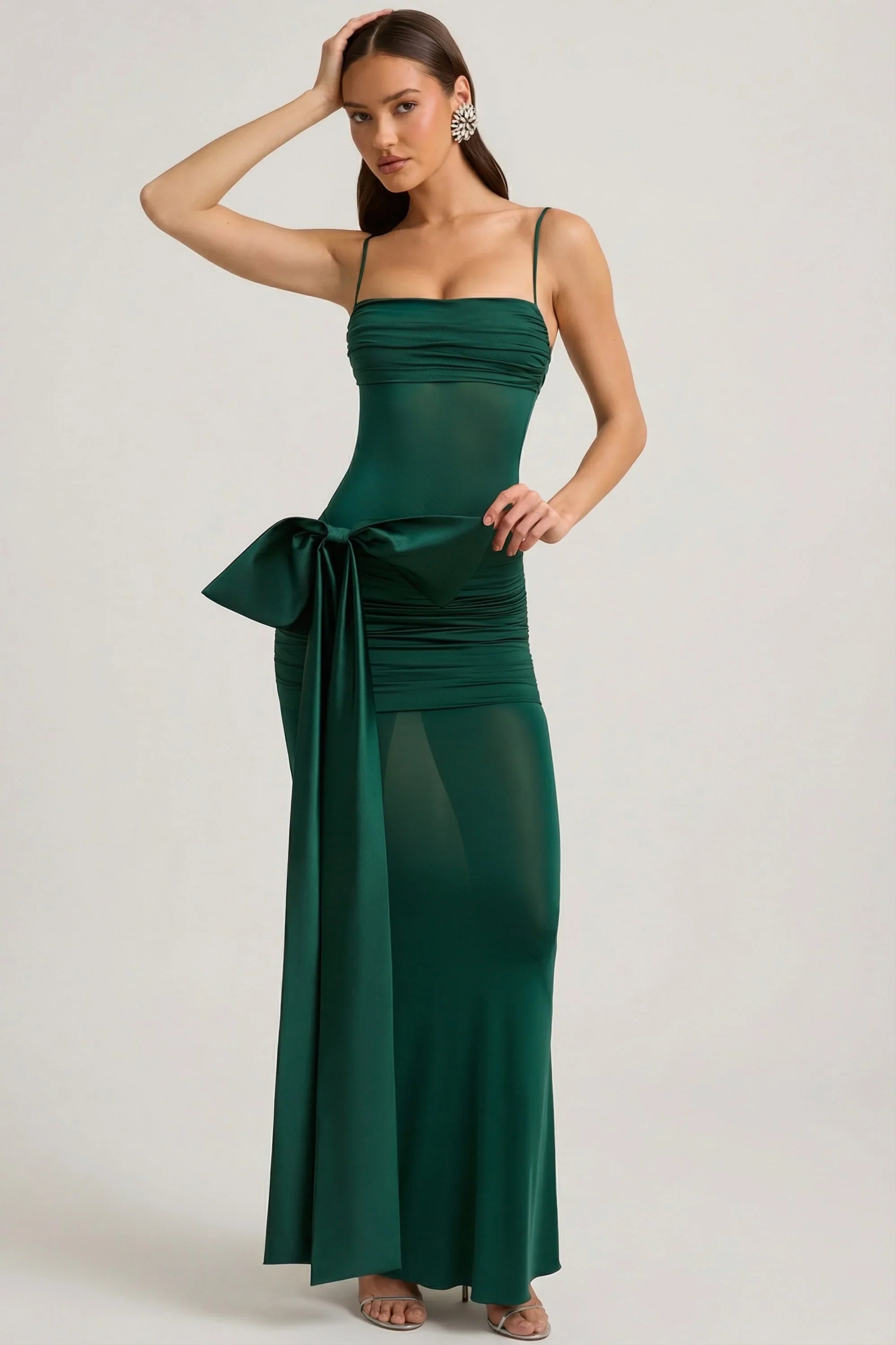 Bow-Detail Ruched Maxi Dress in Emerald Green