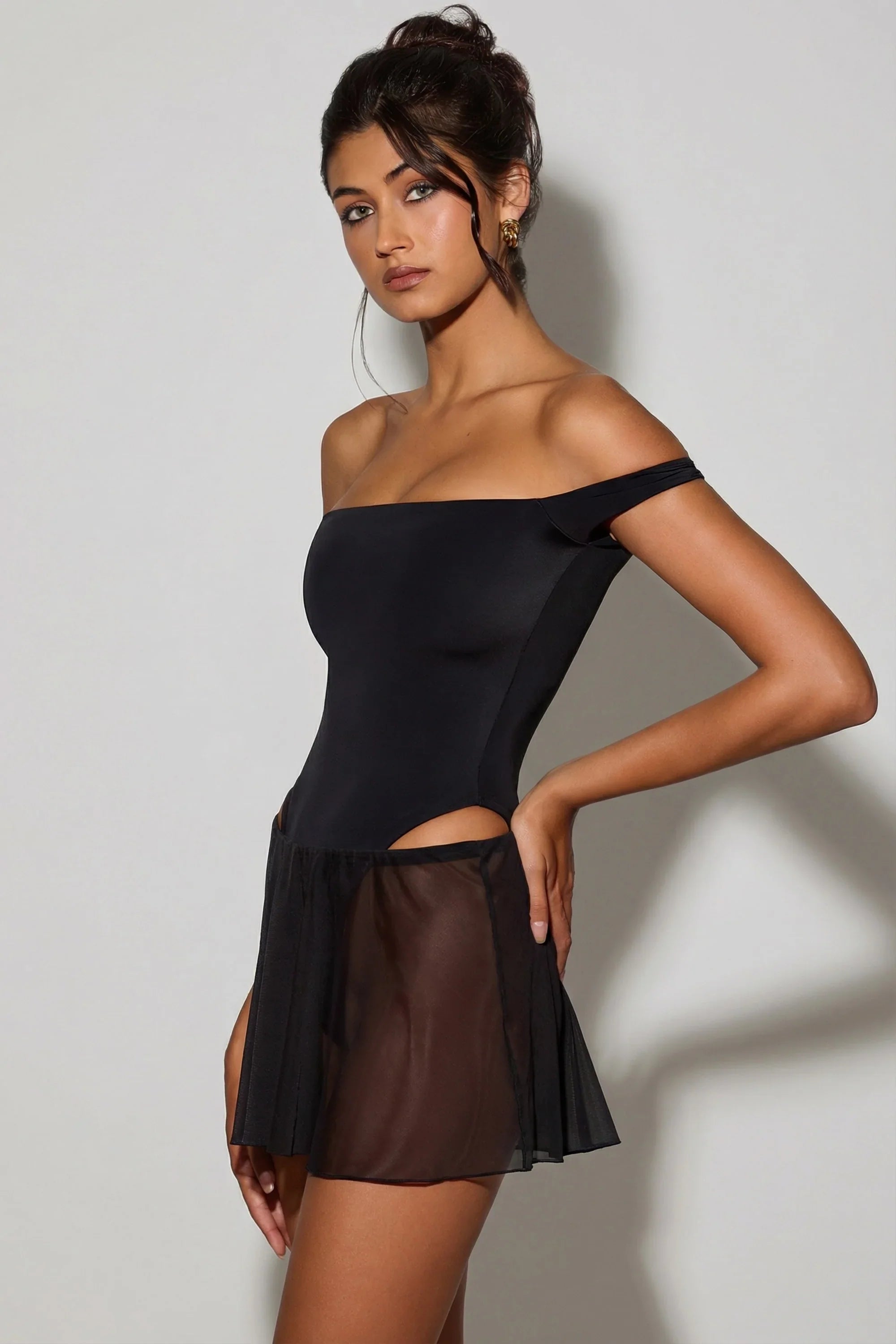 Off-Shoulder Layered Mini Dress in Black