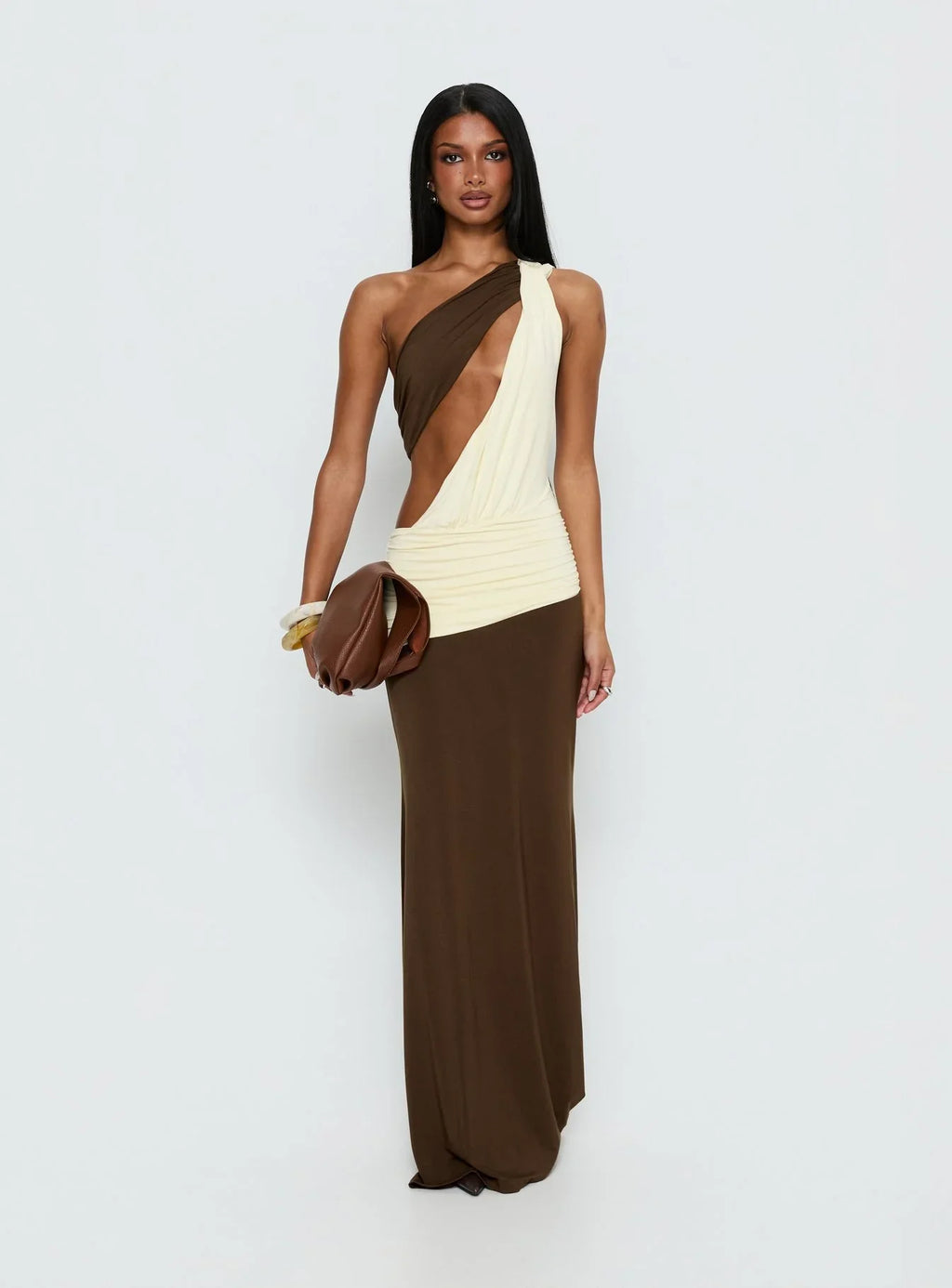 Loletta Draped One Shoulder Maxi Dress Chocolate / Yellow